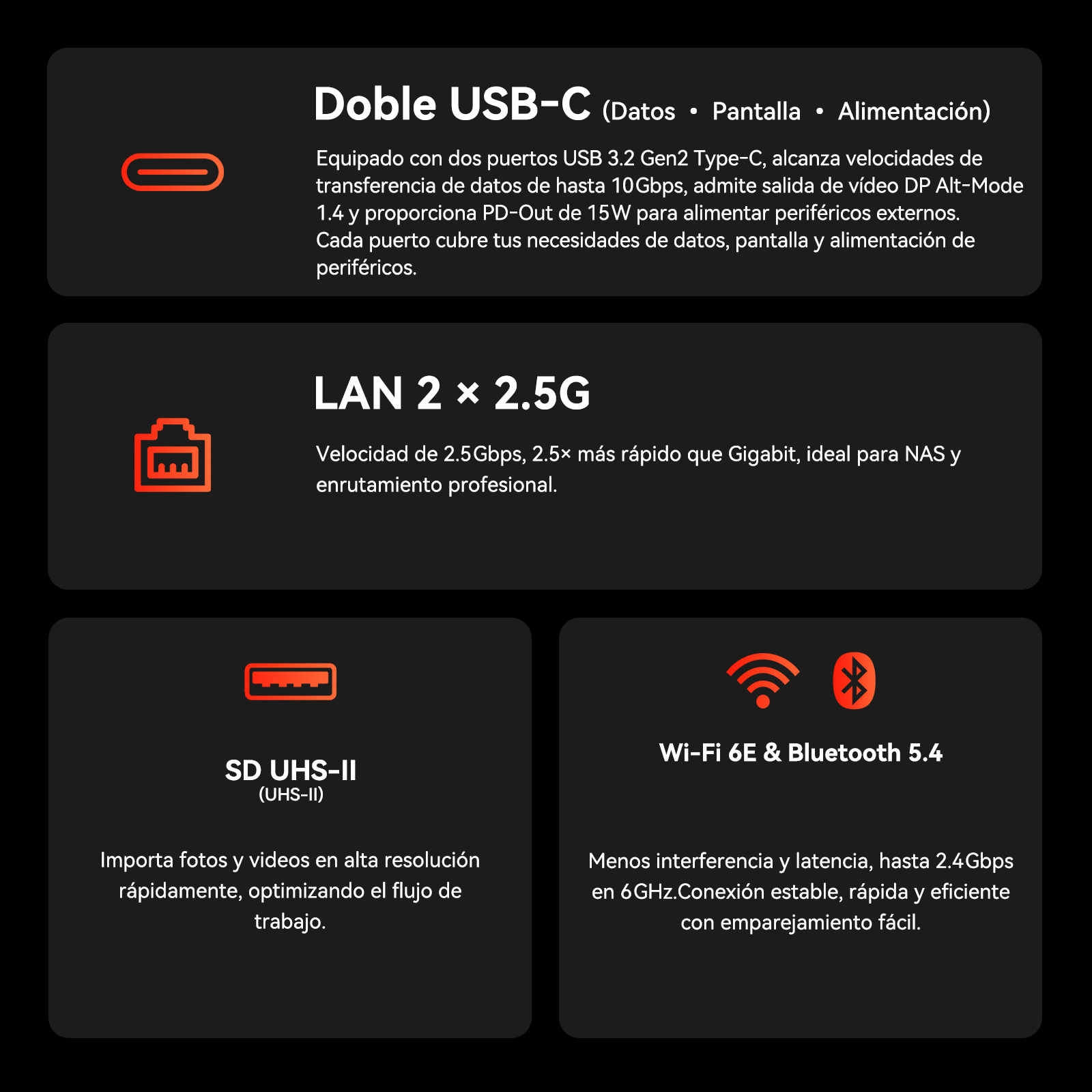 Especificaciones técnicas con USB-C, LAN, lector SD, Wi-Fi 6E y Bluetooth 5.4 sobre fondo negro.