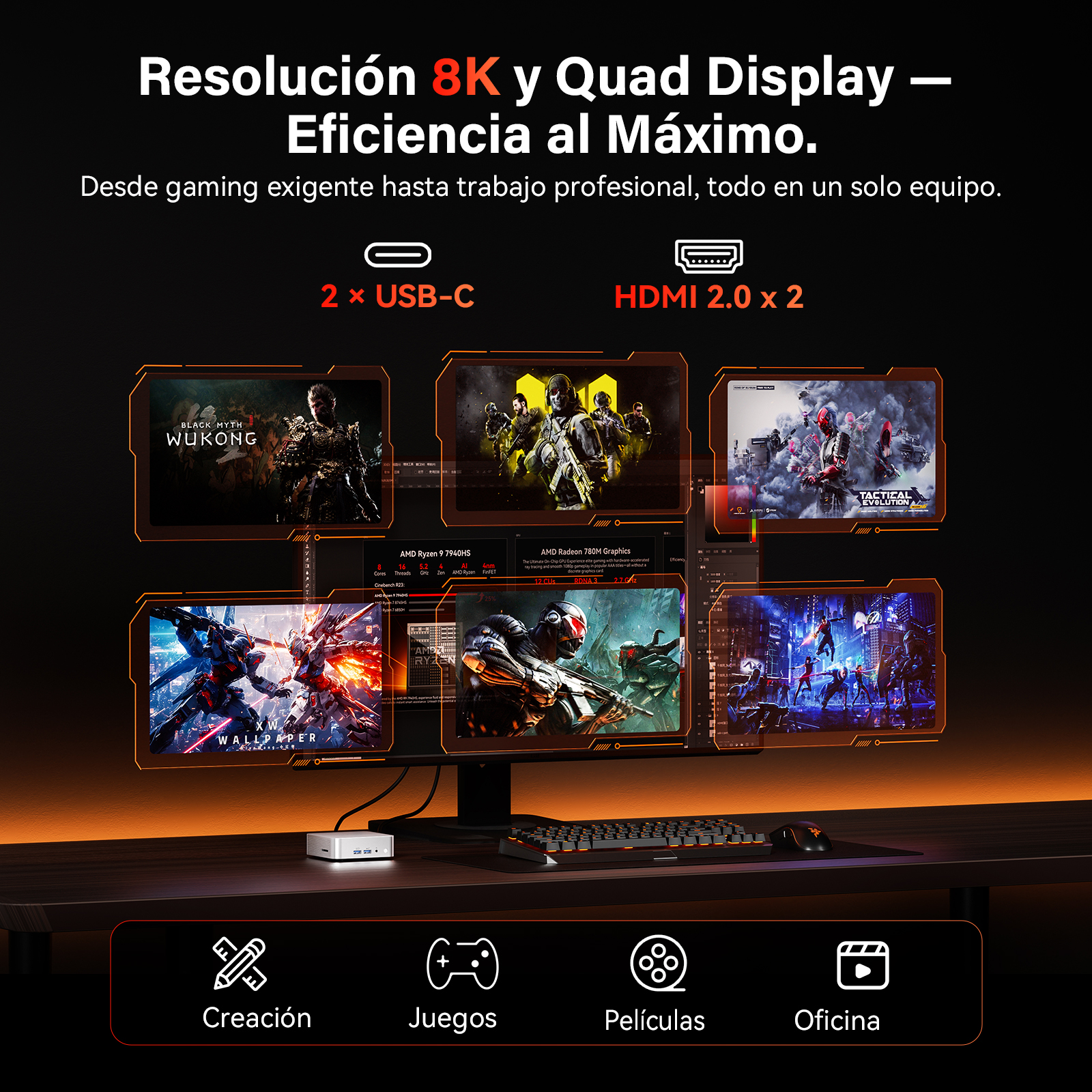 Un monitor grande muestra seis escenas diferentes con gráficos de juegos y trabajo en un escritorio.