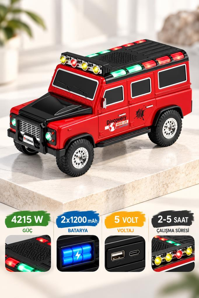 Işıklı kırmızı oyuncak SUV ve altında teknik özellikler beyaz masada.