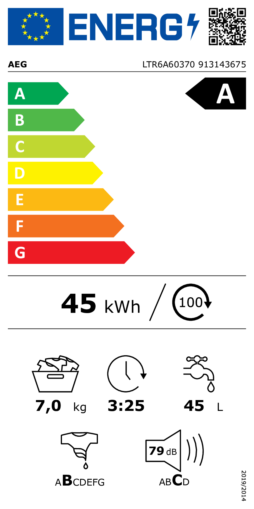 Ein AEG Energieetikett zeigt Klasse A, 45 kWh Verbrauch, 7,0 kg Kapazität, 3:25 Zykluszeit, 45 L Wasser und 79 dB Lärm.