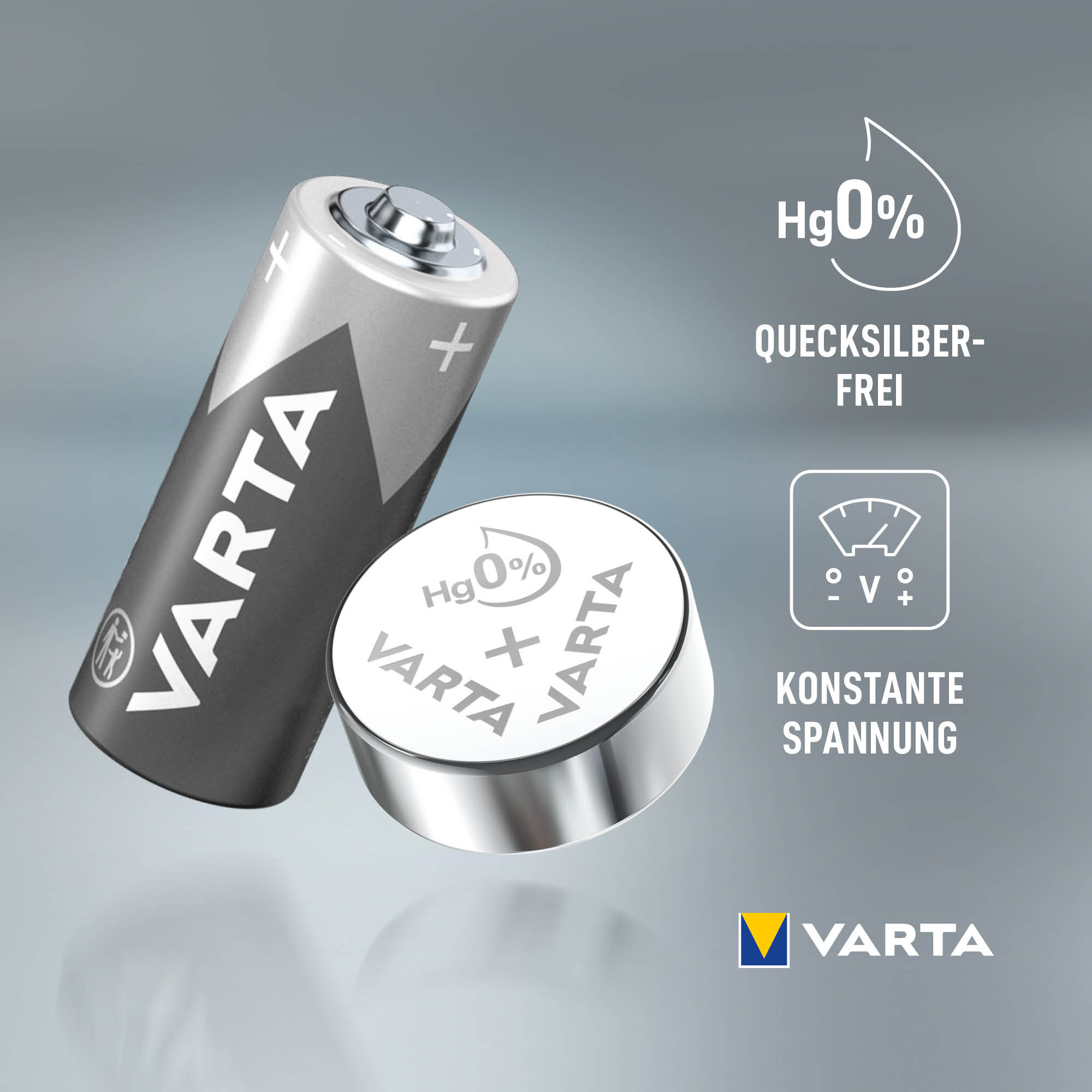 Pila AA y pila de botón Varta sobre fondo gris con texto sobre energía sin mercurio.