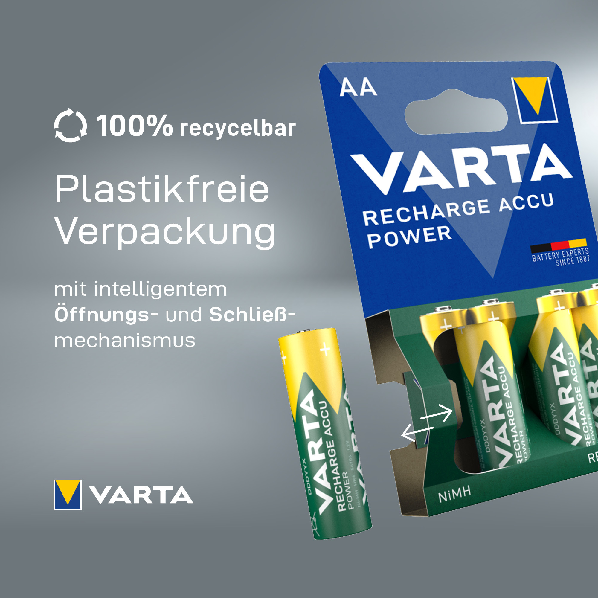 Piles rechargeables Varta AA dans un emballage sans plastique avec mécanisme recyclable.