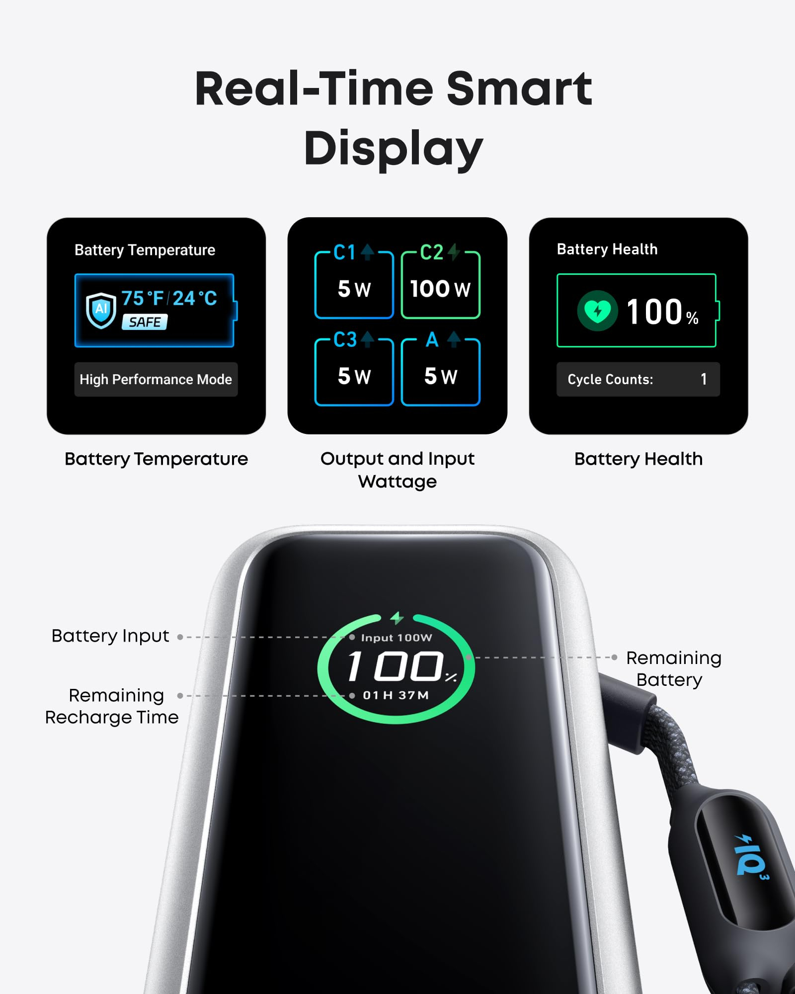 Pantalla inteligente de batería externa con temperatura, vatios y salud.
