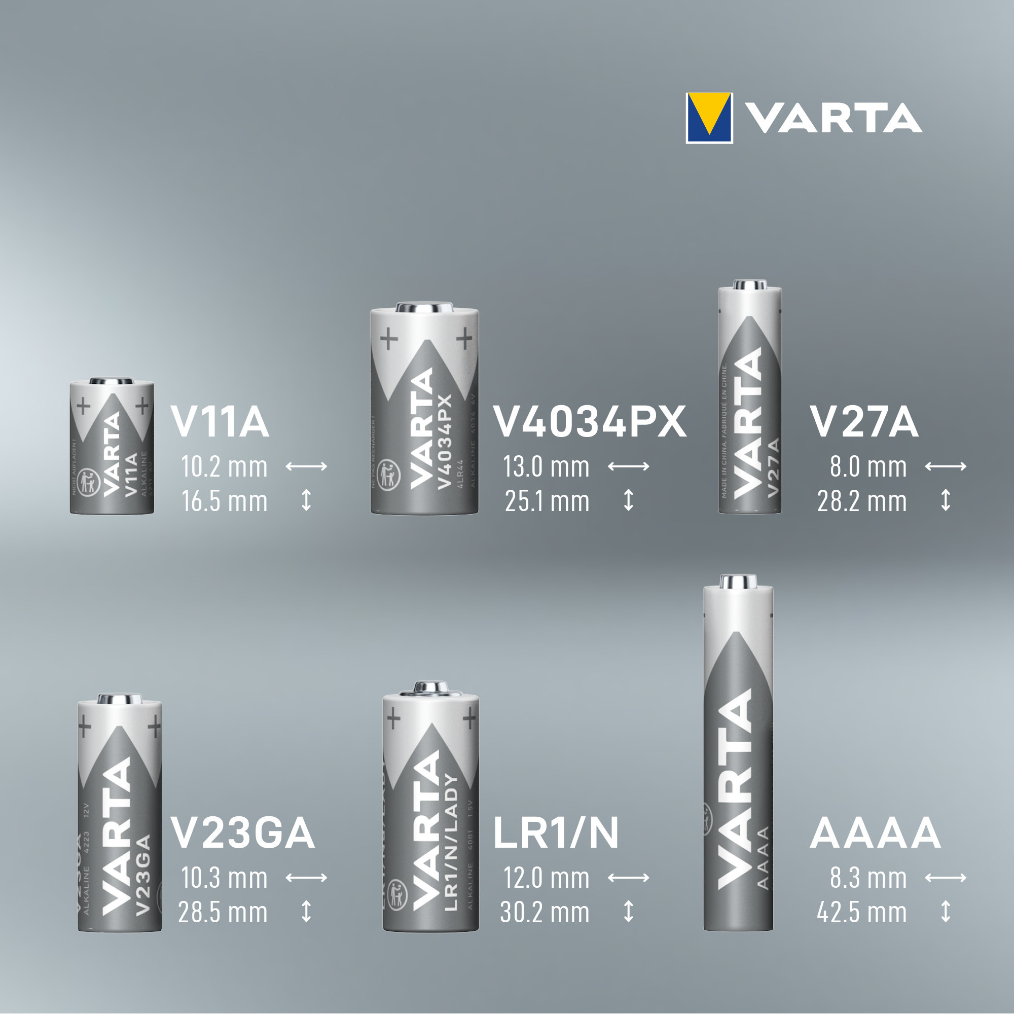 Diverses piles spéciales Varta avec dimensions sur fond gris.
