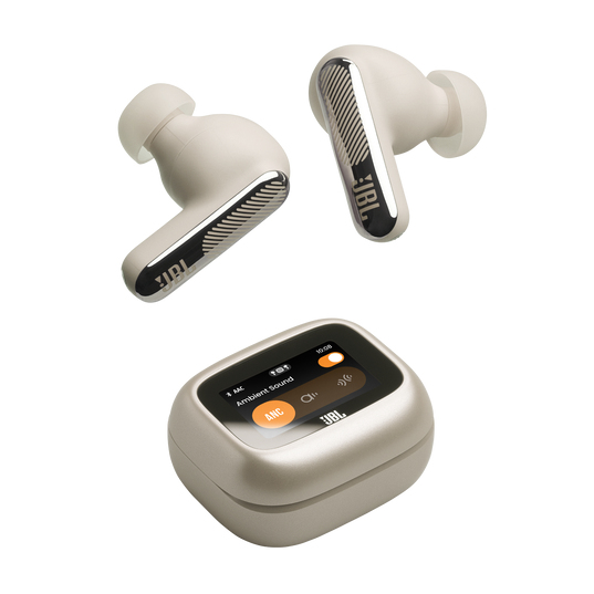 Auricolari in-ear JBL beige con steli e custodia di ricarica con touch screen.
