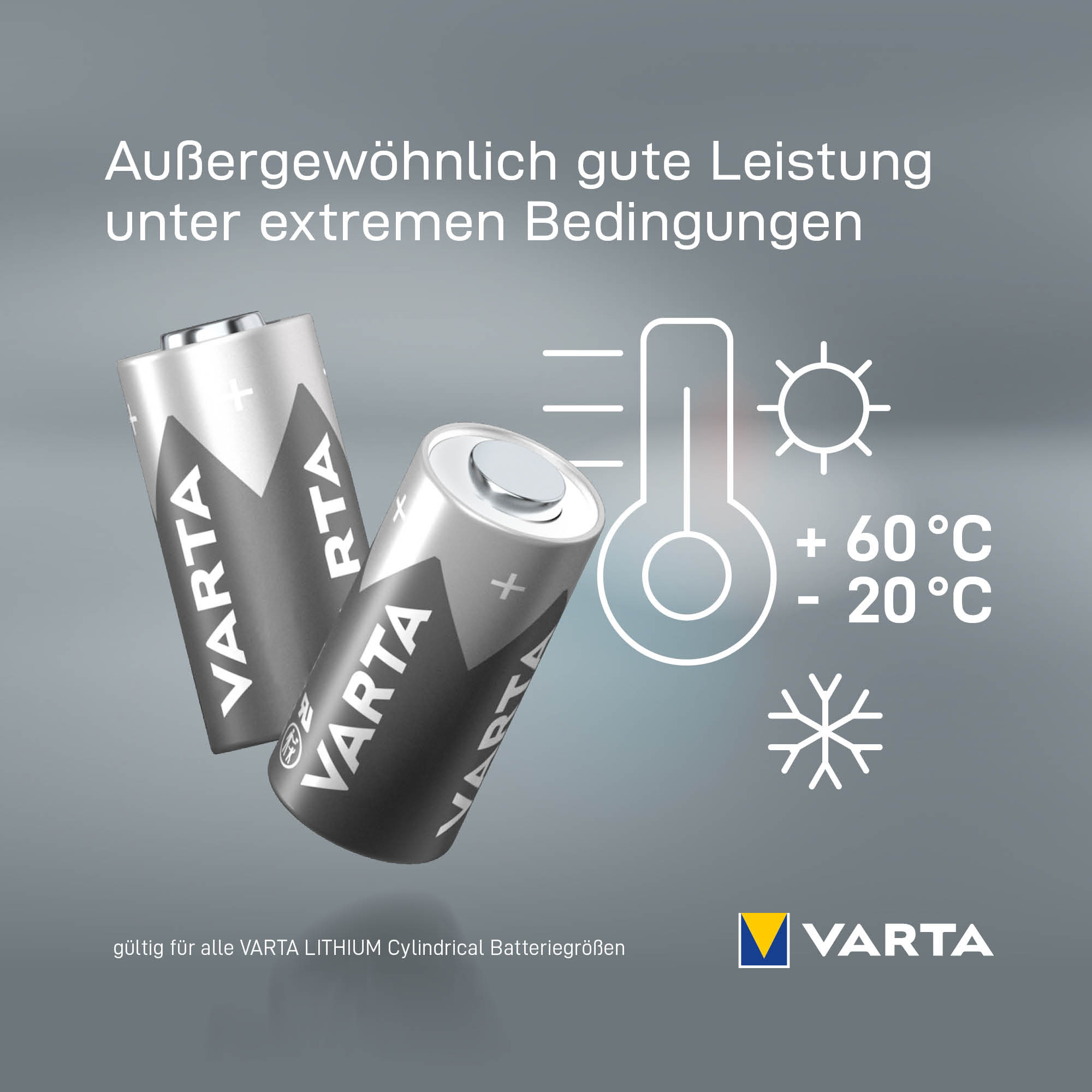 Dos baterías VARTA sobre fondo gris con iconos de termómetro, sol y copo de nieve.