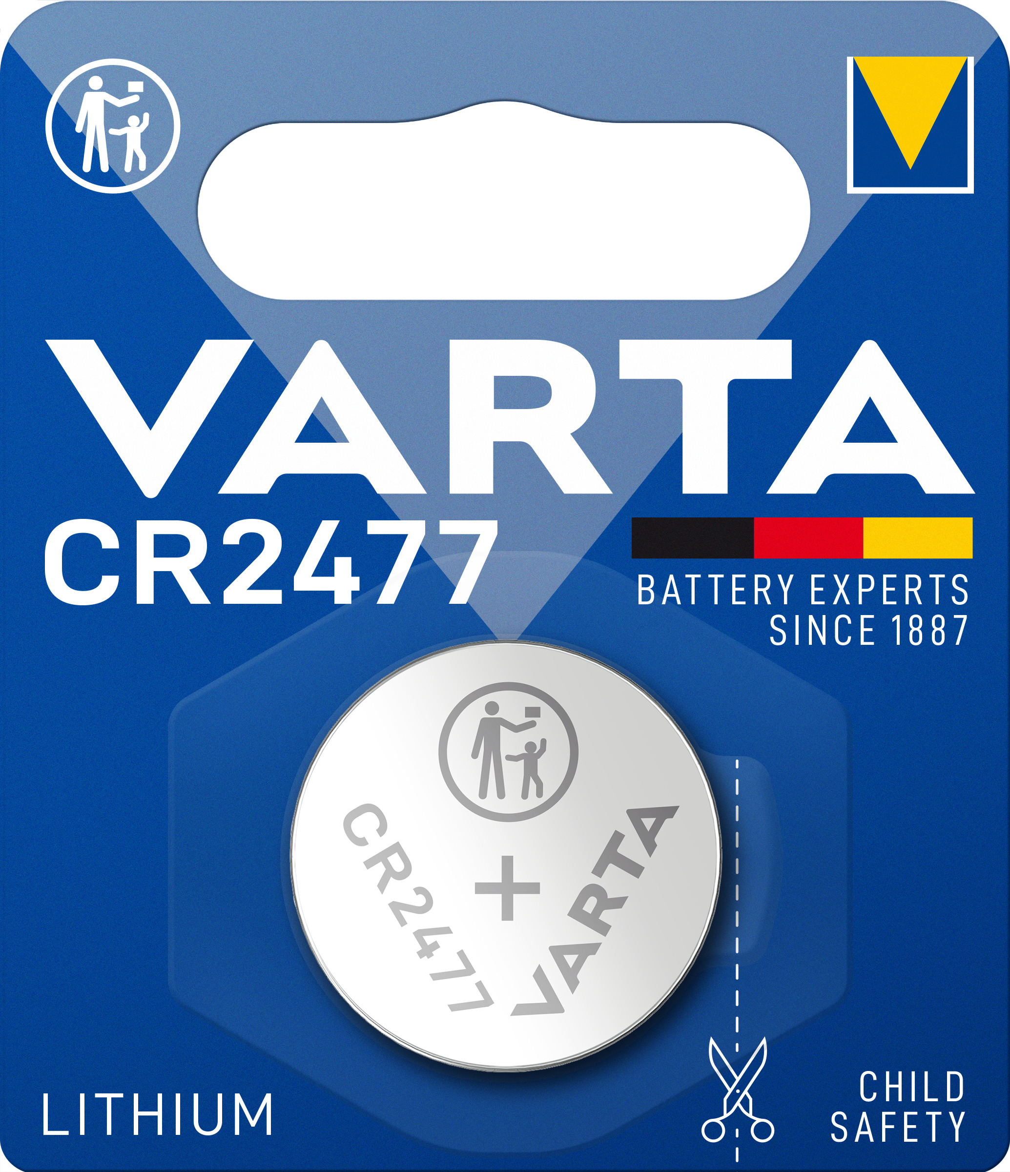 VARTA CR2477 Lithium-Knopfzelle auf blauem Blisterpack mit Kindersicherheitssymbolen.