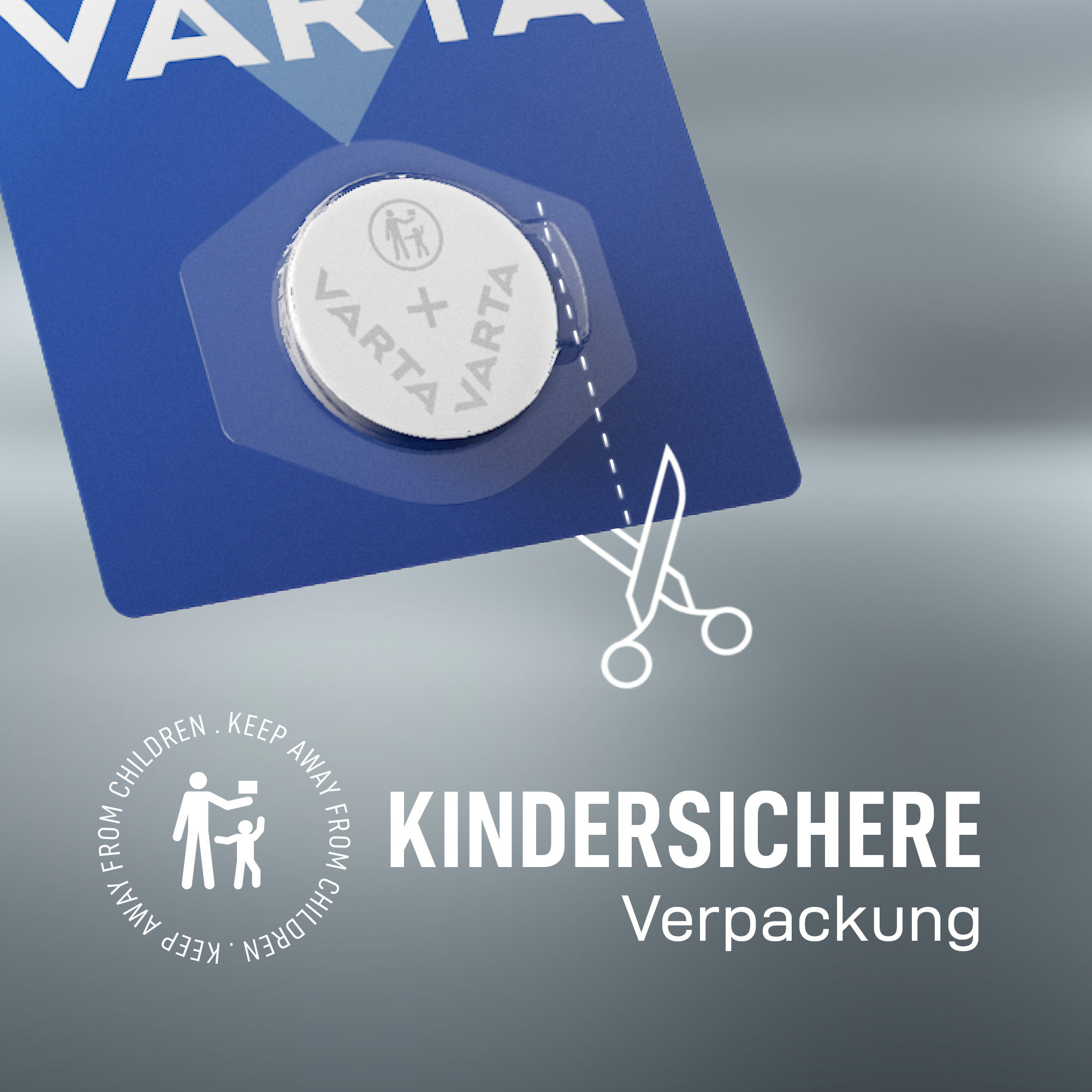 Pila de botón en envase azul Varta a prueba de niños con tijeras guía.