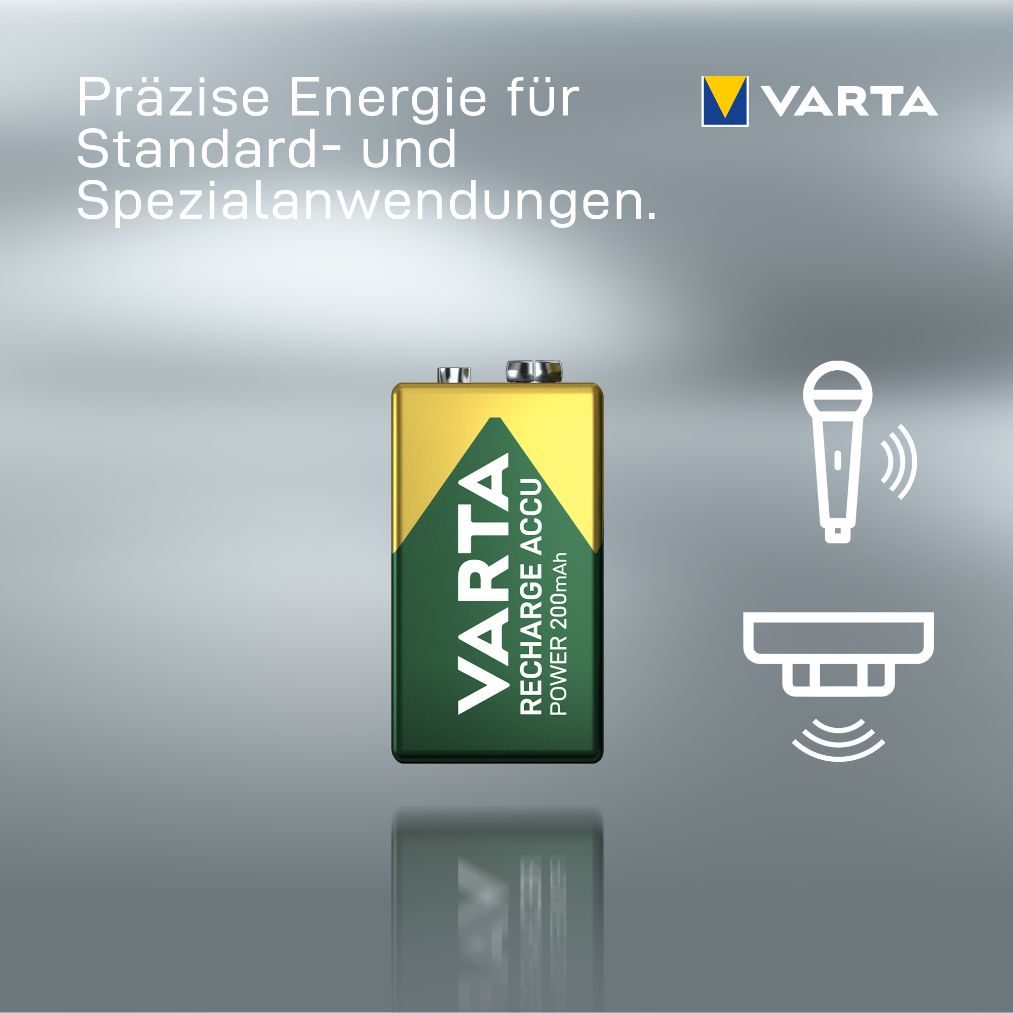 Batería recargable VARTA 9V con iconos de micrófono y detector de humo sobre fondo gris con texto.