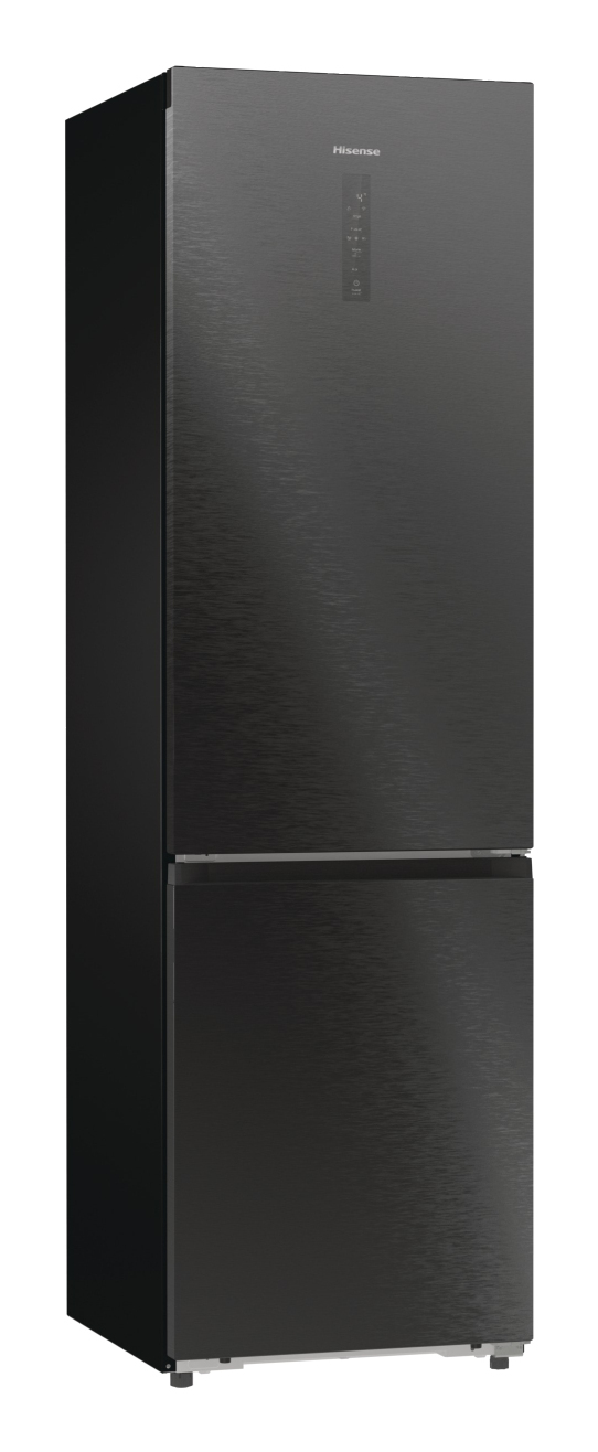 Ein schlanker, schwarzer Hisense-Kühlschrank mit Edelstahl-Finish und einem digitalen Display oben auf der Tür.