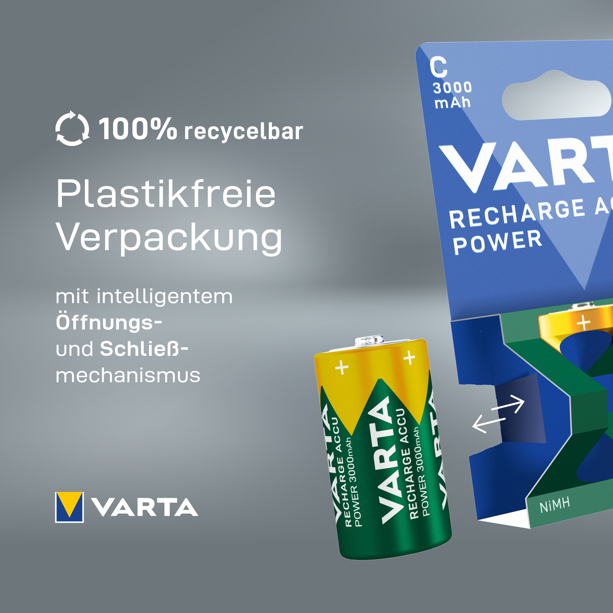 Batería C Varta con envase sin plástico sobre fondo gris.