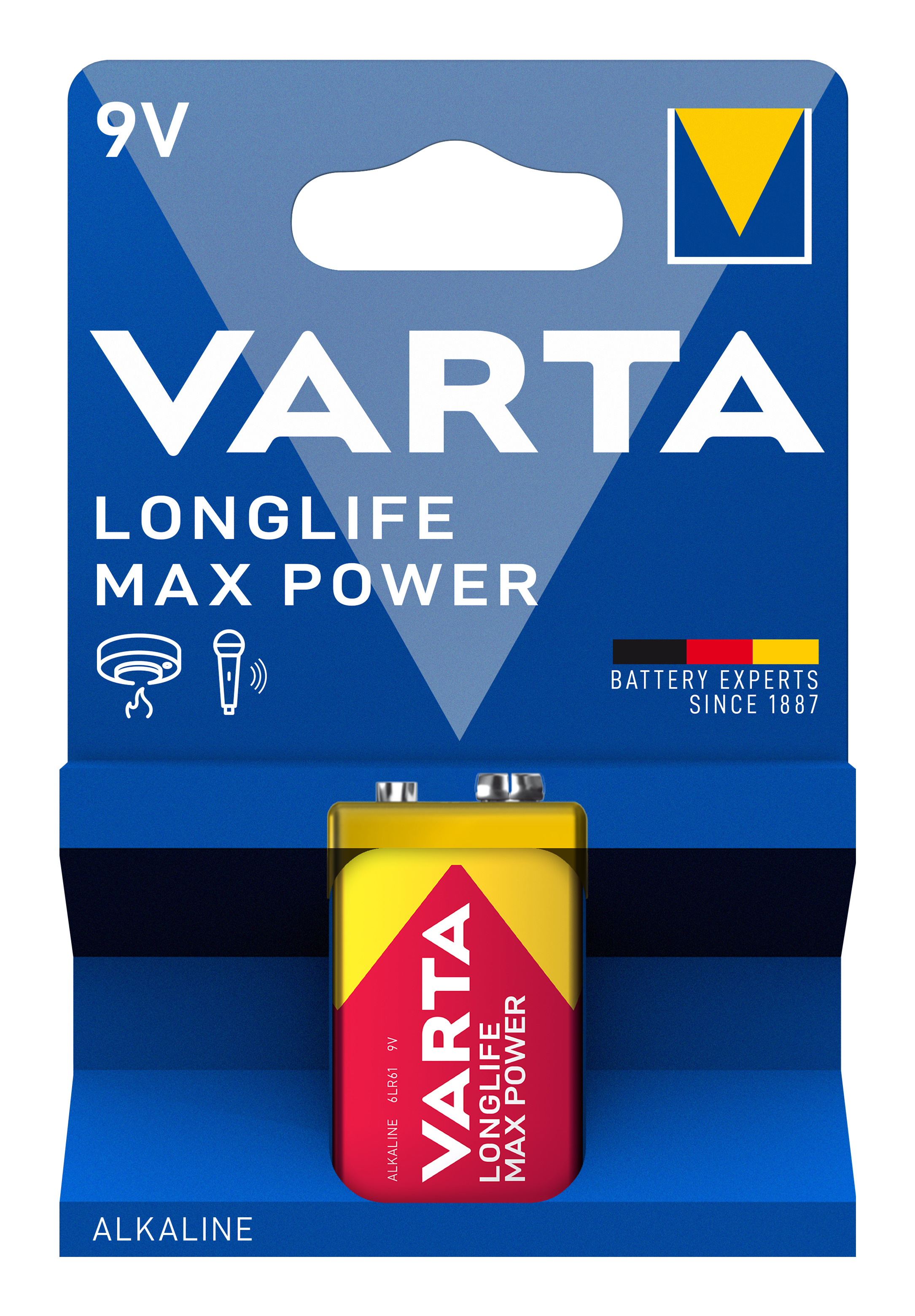 Batería Varta de 9V en envase azul con texto Longlife Max Power.