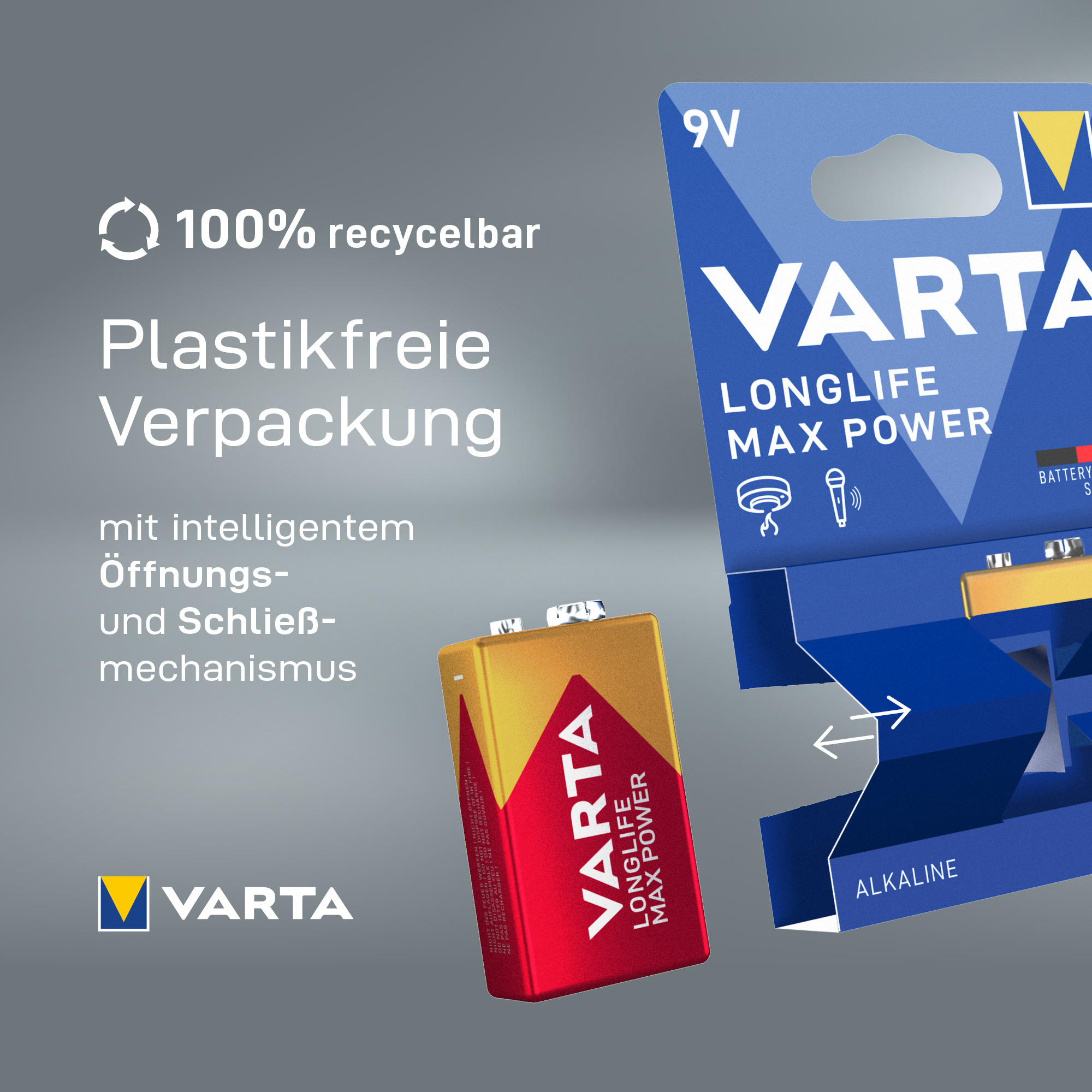 Batería Varta de 9V frente a un envase azul sin plástico con texto sobre reciclaje.
