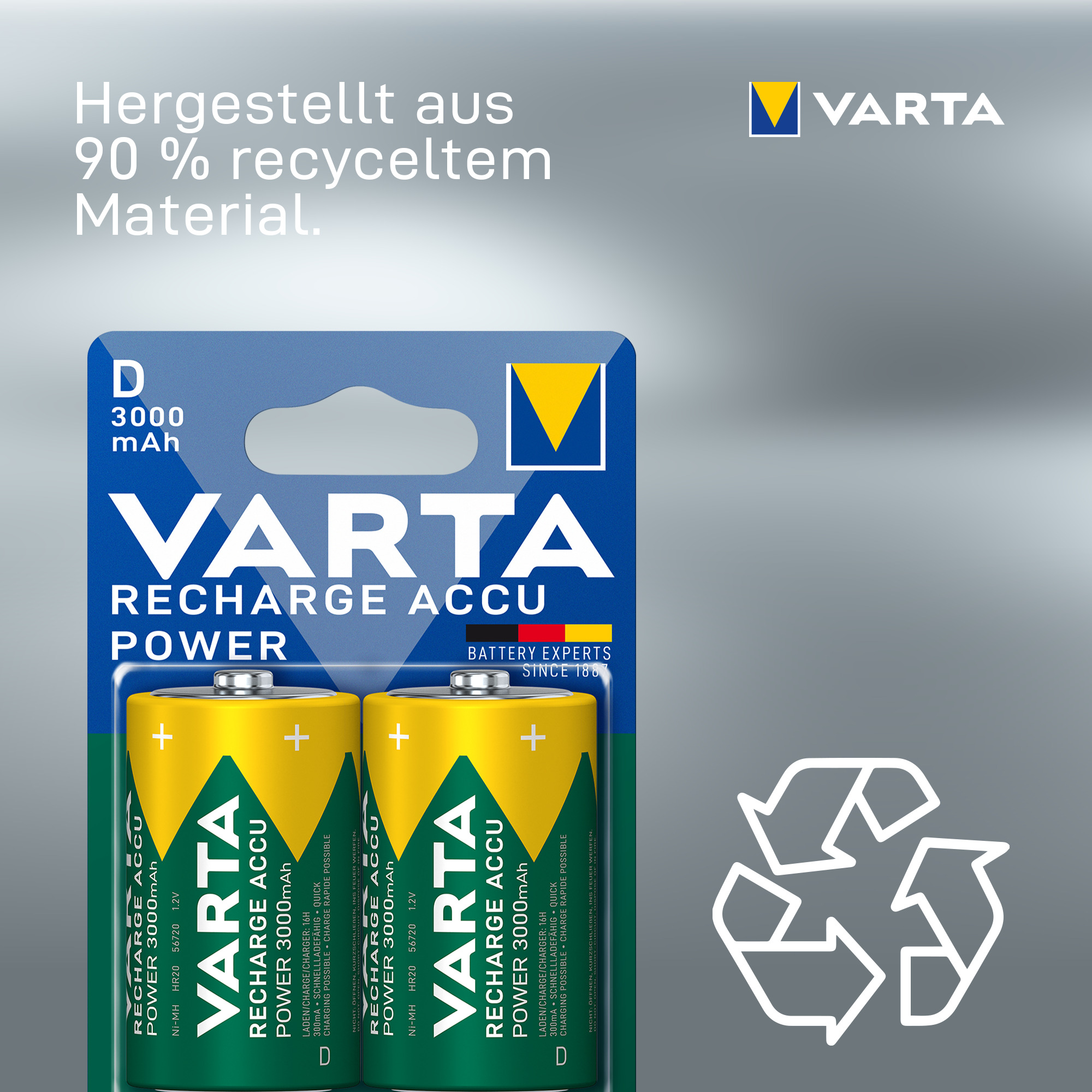 Dos pilas Varta D en un embalaje con símbolo de reciclaje.