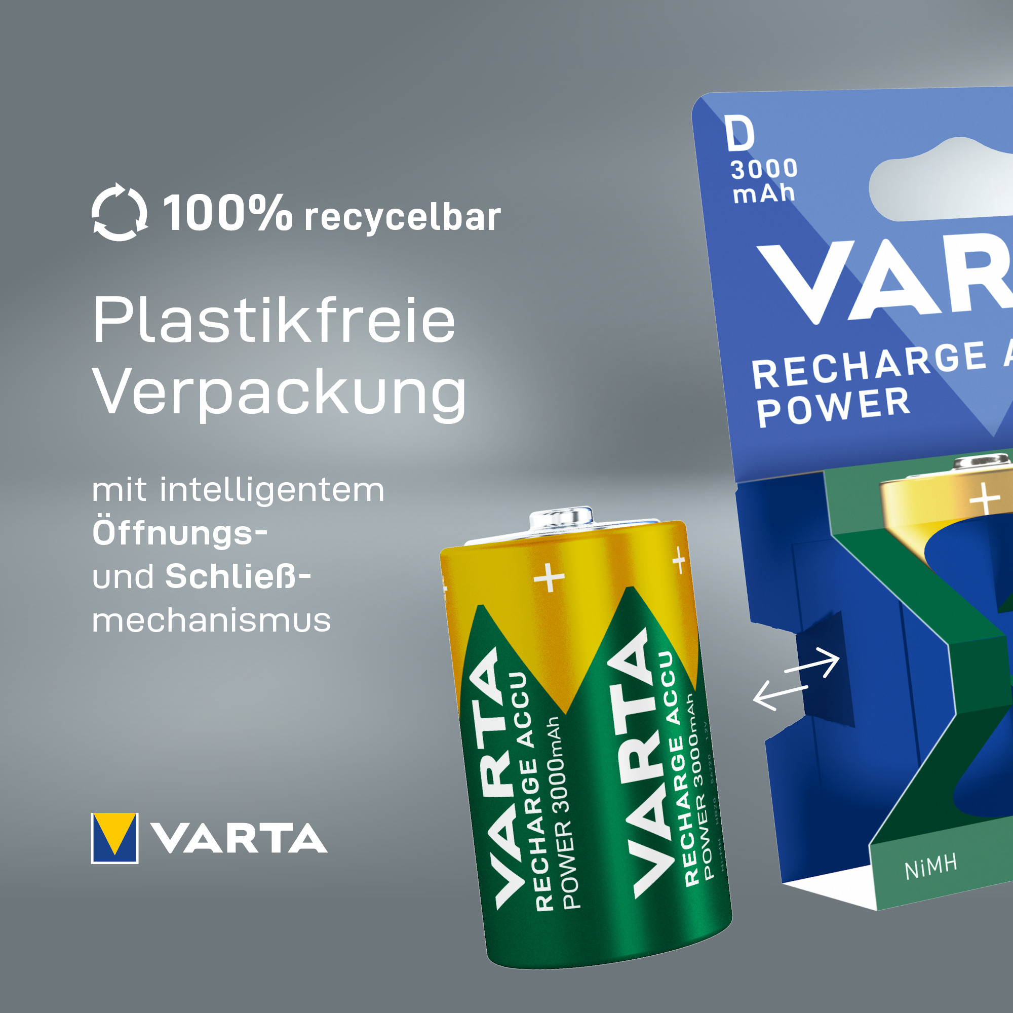 Batería D de VARTA frente a envase de papel azul reciclable con texto sobre embalaje sin plástico.