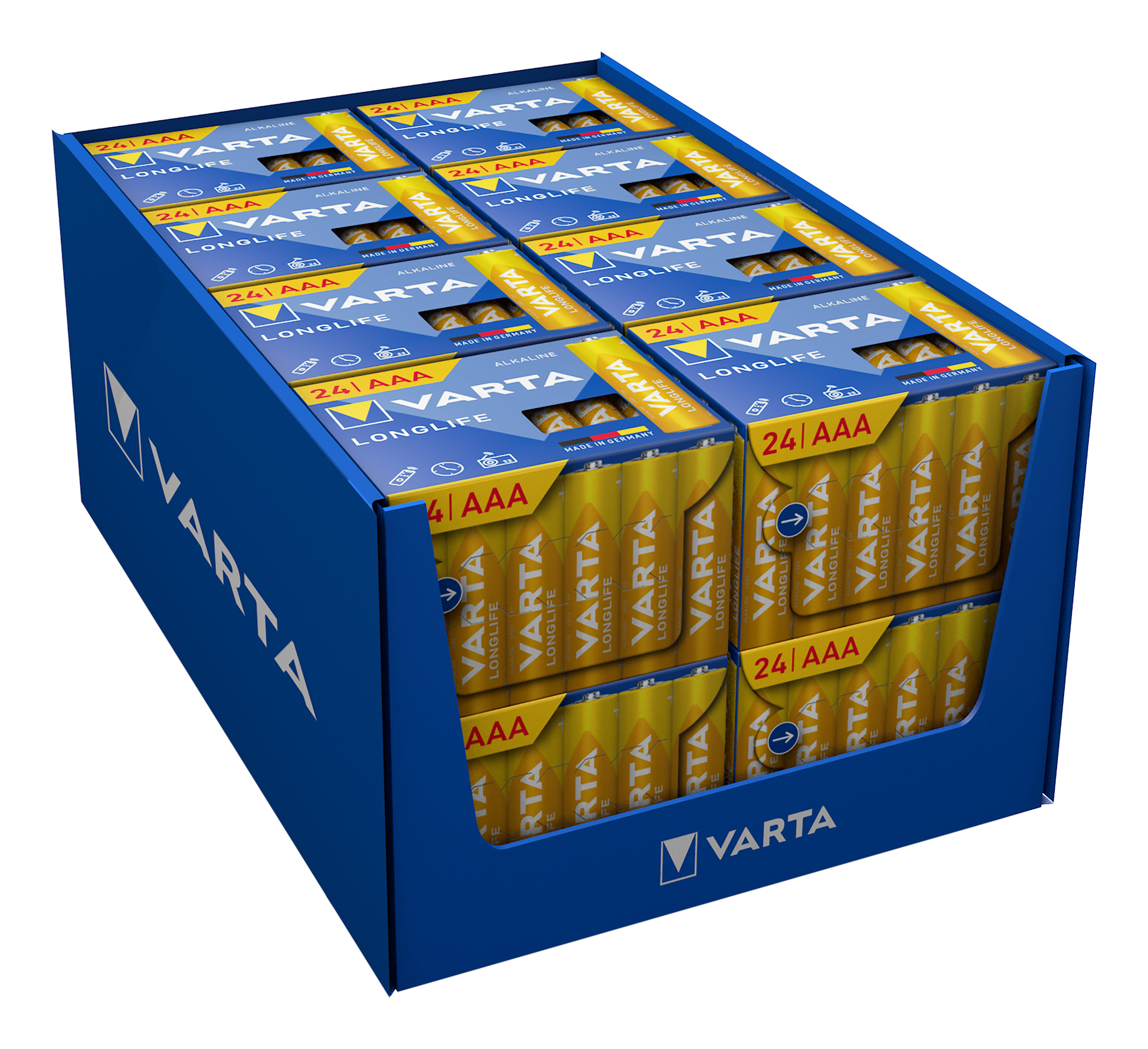 Una caja expositora de cartón azul llena de pilas AAA Varta Longlife amarillas.