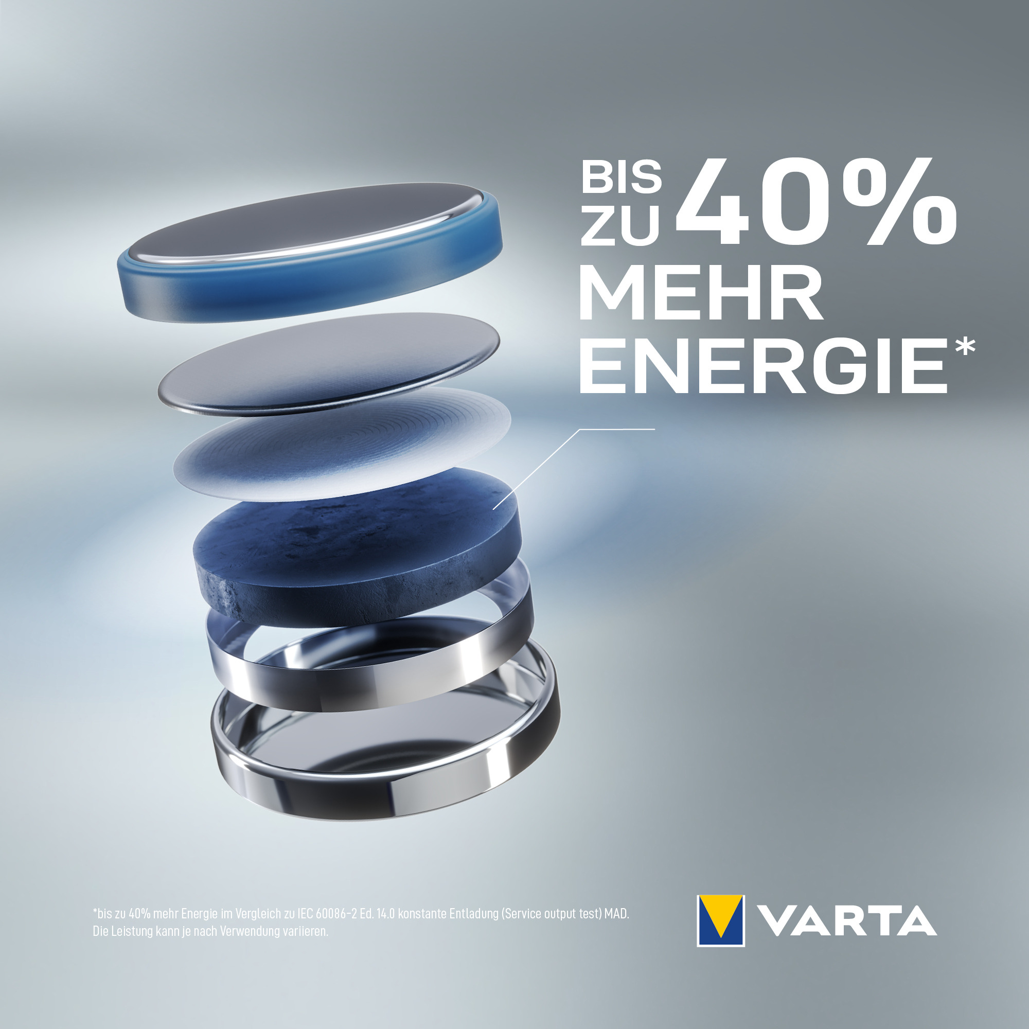 Explosionsdarstellung einer Varta Knopfzelle mit dem Text Bis zu 40% mehr Energie.