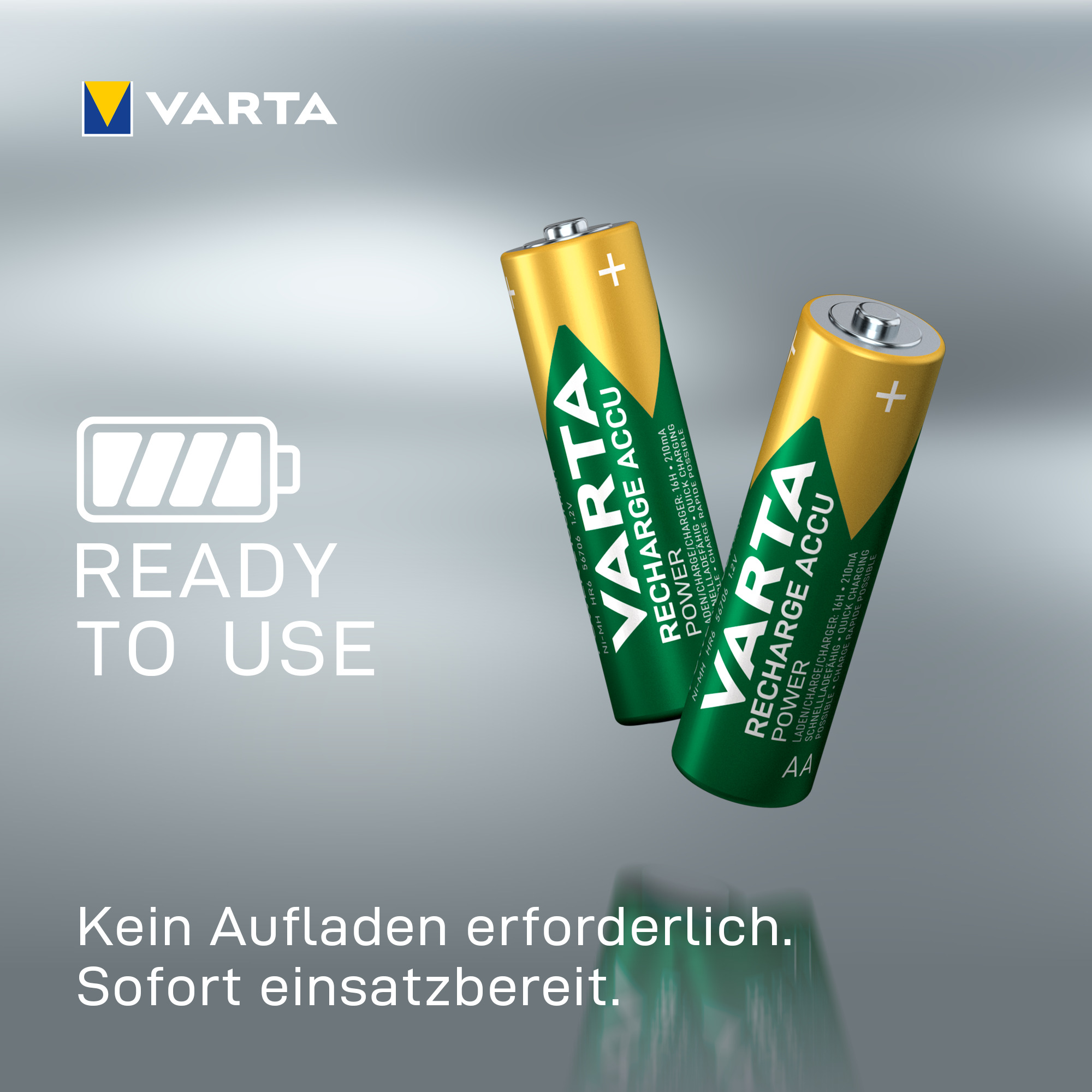 Deux piles rechargeables Varta avec le texte "Ready to Use" sur fond gris.