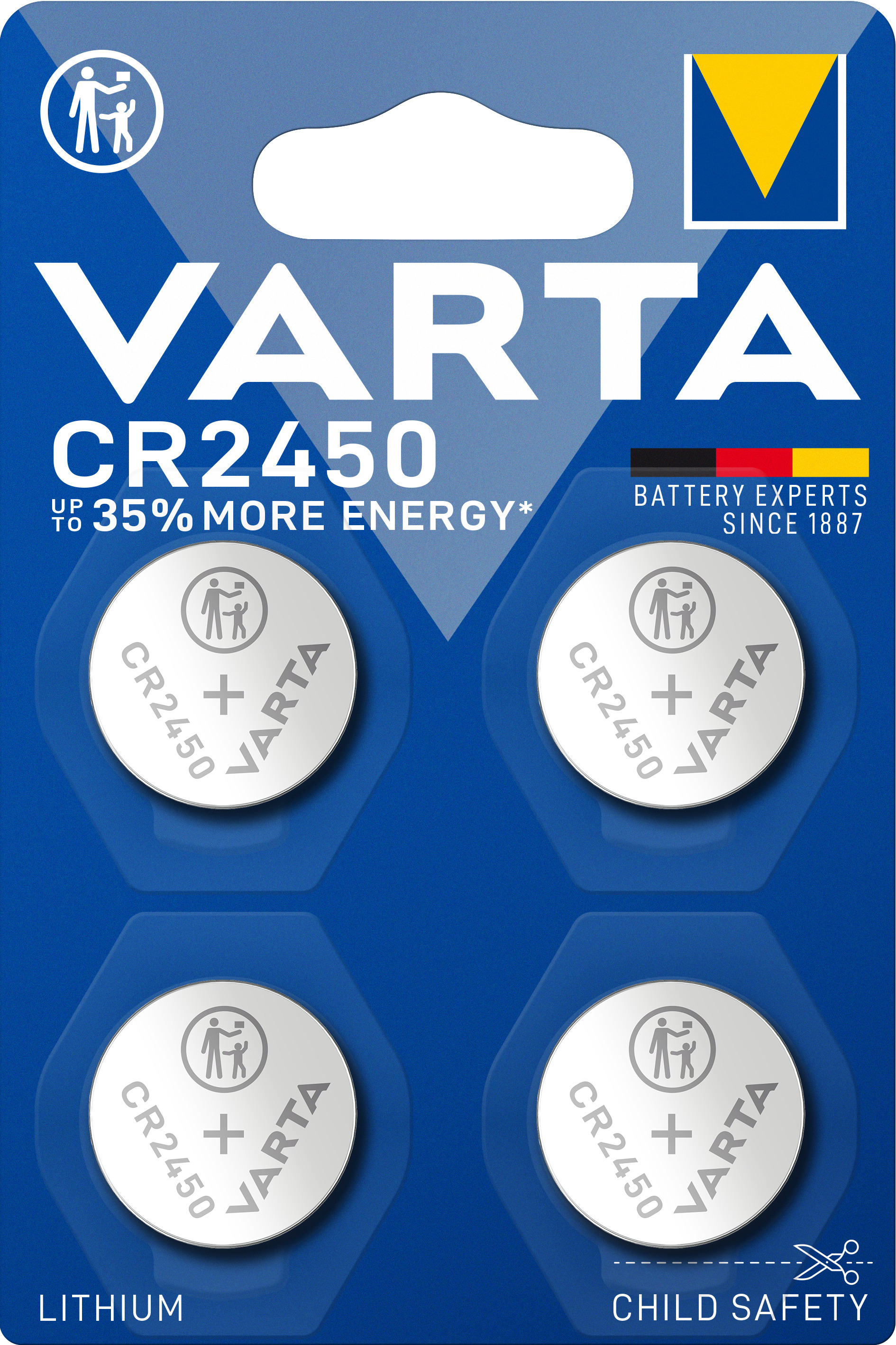 Pilas de botón de litio Varta CR2450 en blíster azul con símbolo de seguridad infantil.