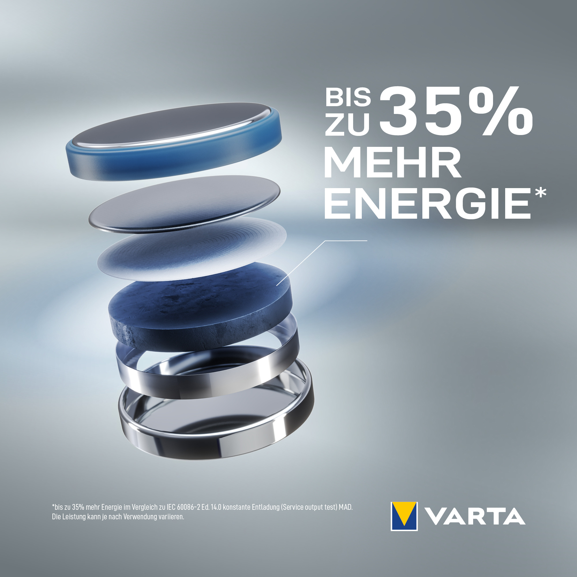 Vista despiezada de una pila de botón Varta con texto hasta un 35 por ciento más de energía sobre fondo gris.