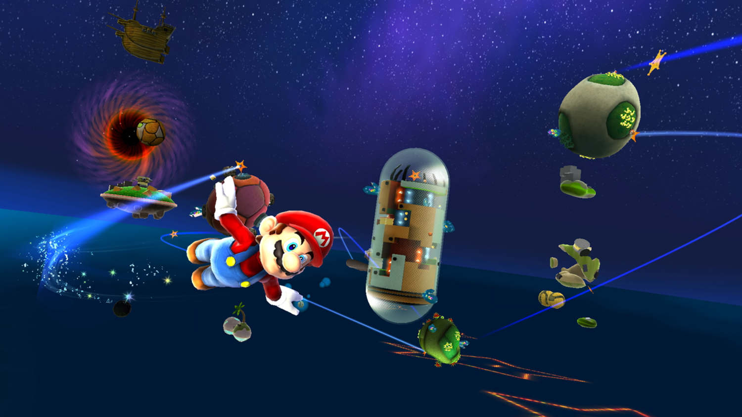 Mario vola nello spazio colorato con pianeti, stelle e una capsula.