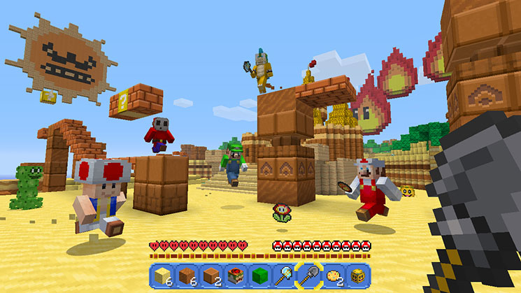 Mondo di Minecraft con personaggi di Mario, blocchi e un paesaggio desertico sotto un cielo azzurro.