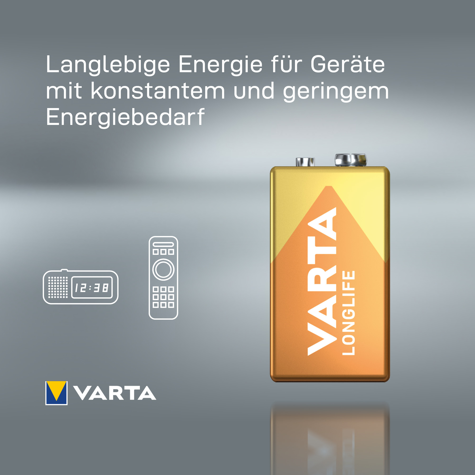 Batería Varta Longlife con iconos de reloj y control remoto sobre fondo gris.