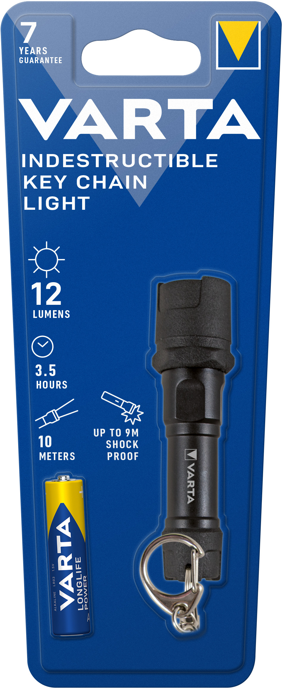 Empaque de la linterna de llavero Varta Indestructible en azul, mostrando una linterna negra, pila y características.
