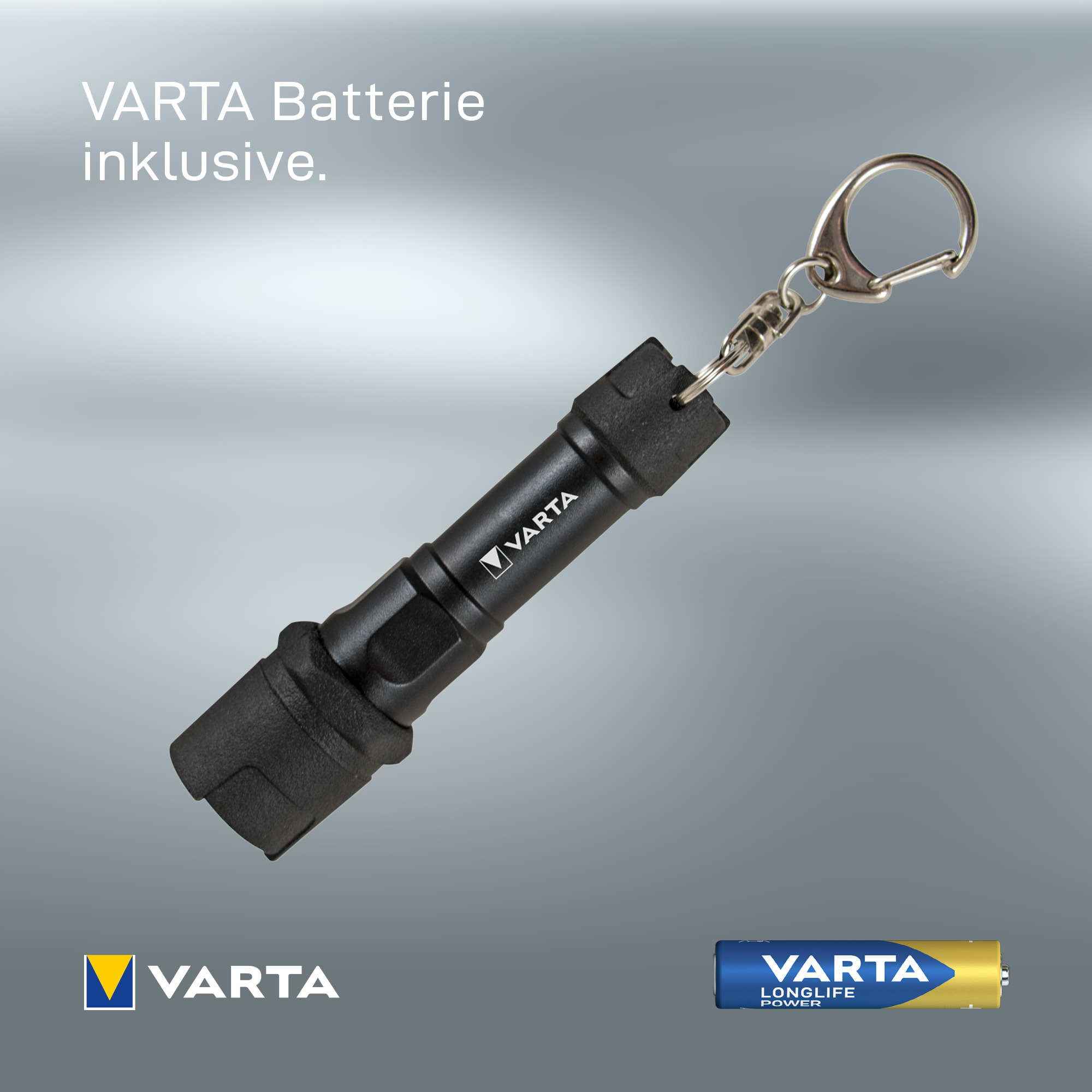 Linterna de llavero VARTA negra con pila VARTA incluida.