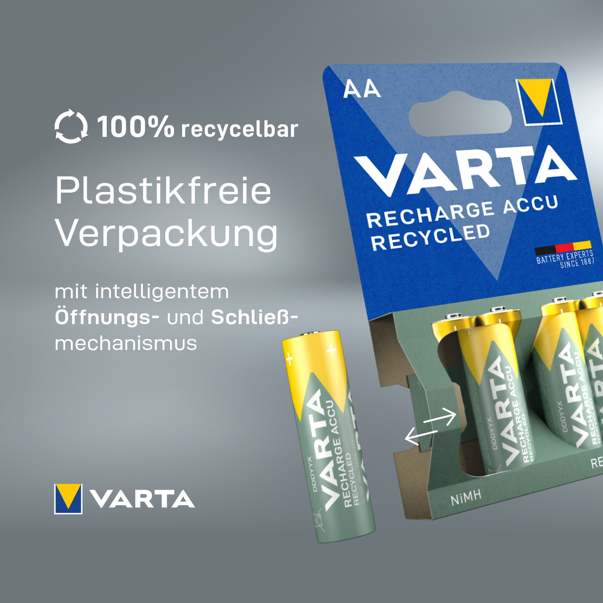 Baterías recargables Varta en envase reciclado sin plástico con mecanismo deslizante.