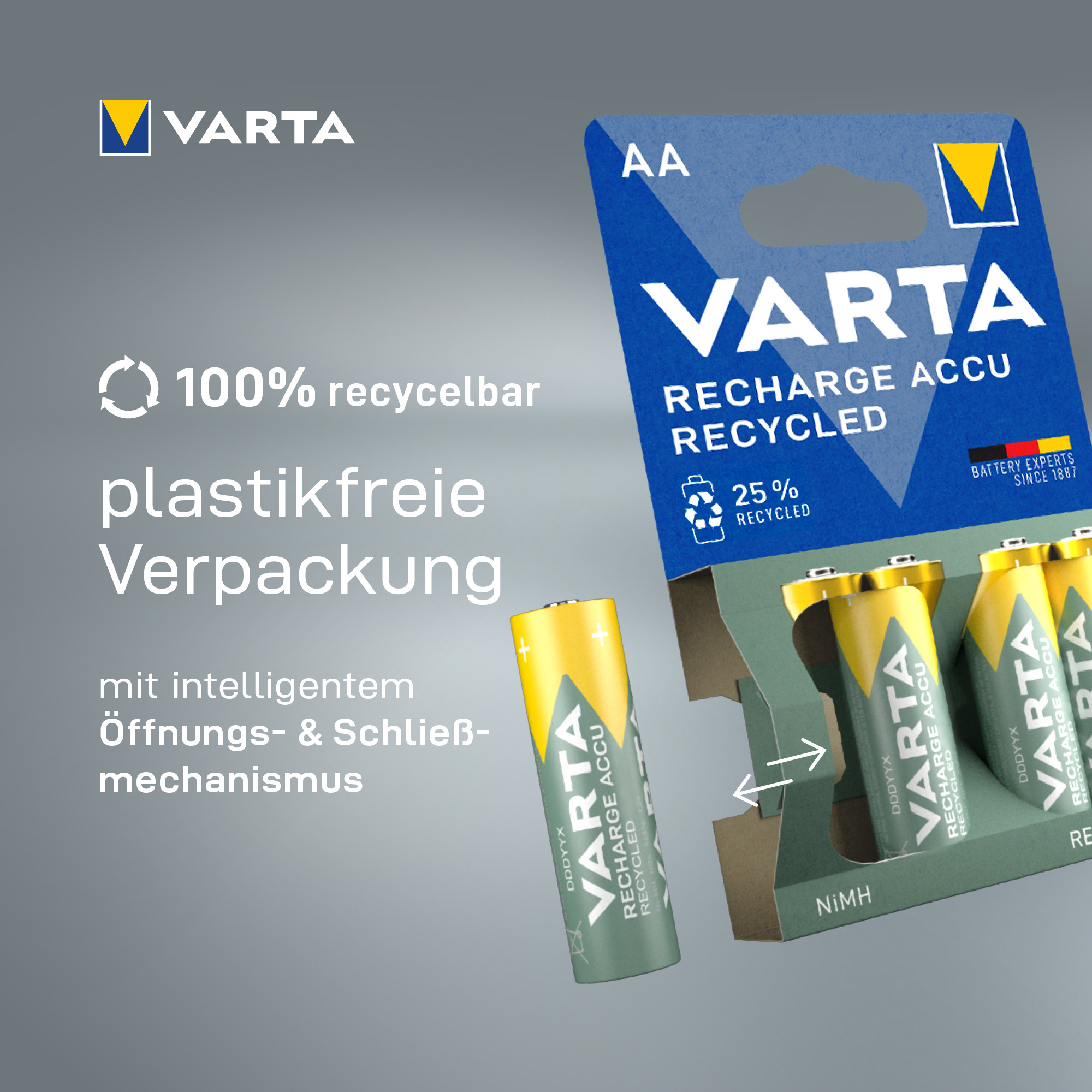 Pilas recargables Varta AA en envase reciclable y sin plástico.