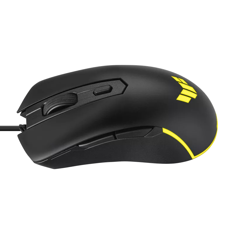 Un ratón de juego con cable negro con detalles brillantes amarillos, botones laterales y rueda de desplazamiento.