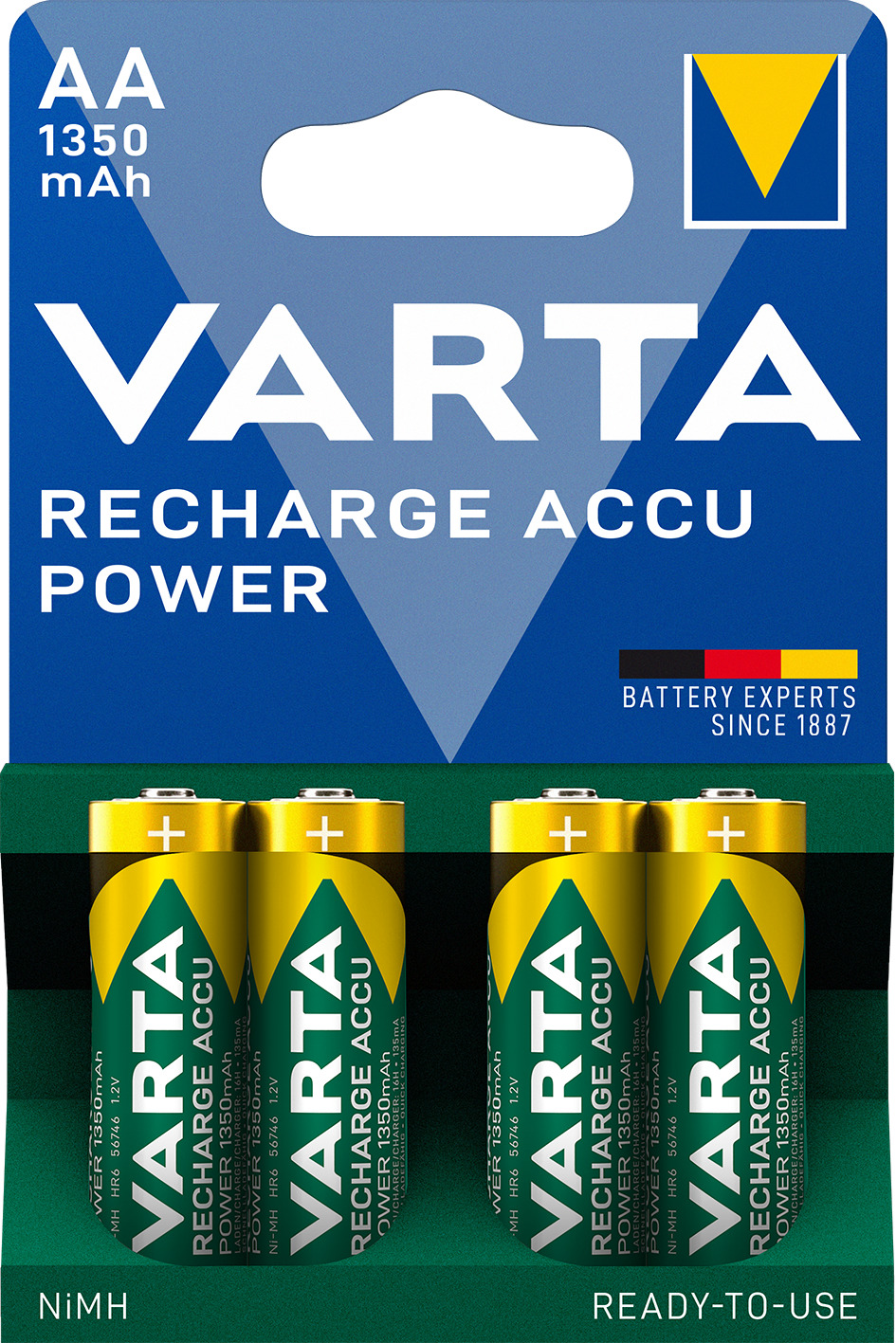 Eine Packung mit vier gelb-grünen Varta AA NiMH Akkus mit 1350 mAh.