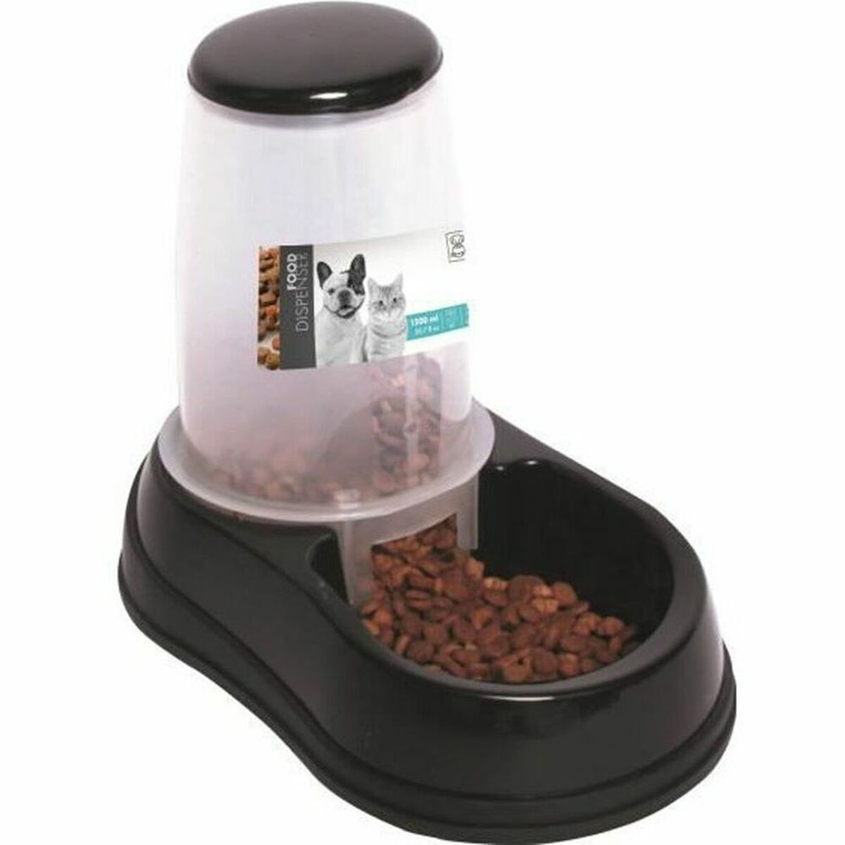 Ein schwarz-transparenter Haustier-Futterautomat gefüllt mit Trockenfutter auf einem schwarzen Sockel.
