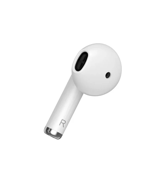 Un auricular inalambrico blanco con la letra R en el tallo sobre fondo blanco.