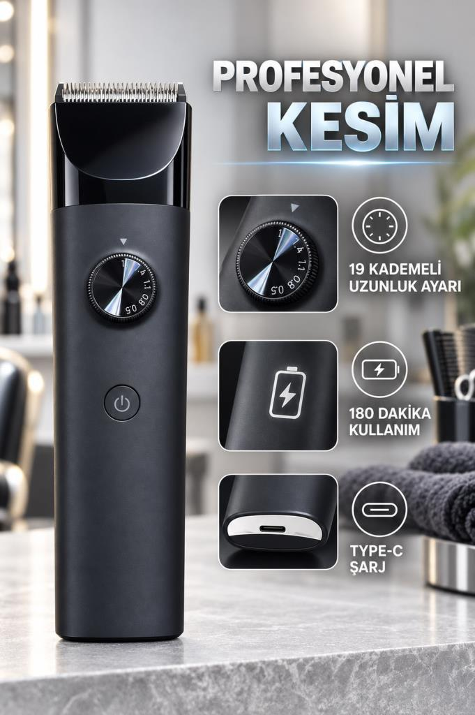 Özellik simgeleri ve metinle masada duran siyah saç kesme makinesi.