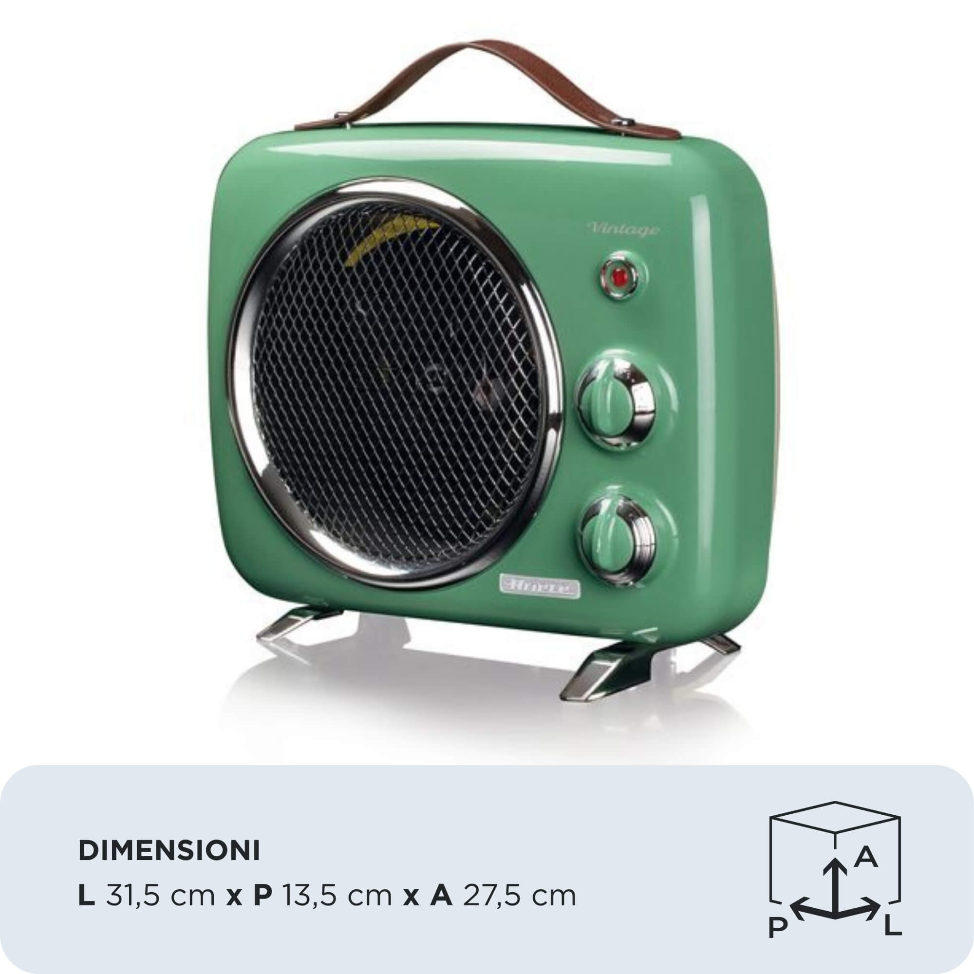 Termoventilatore vintage verde con manico in pelle e manopole su sfondo bianco con dimensioni.