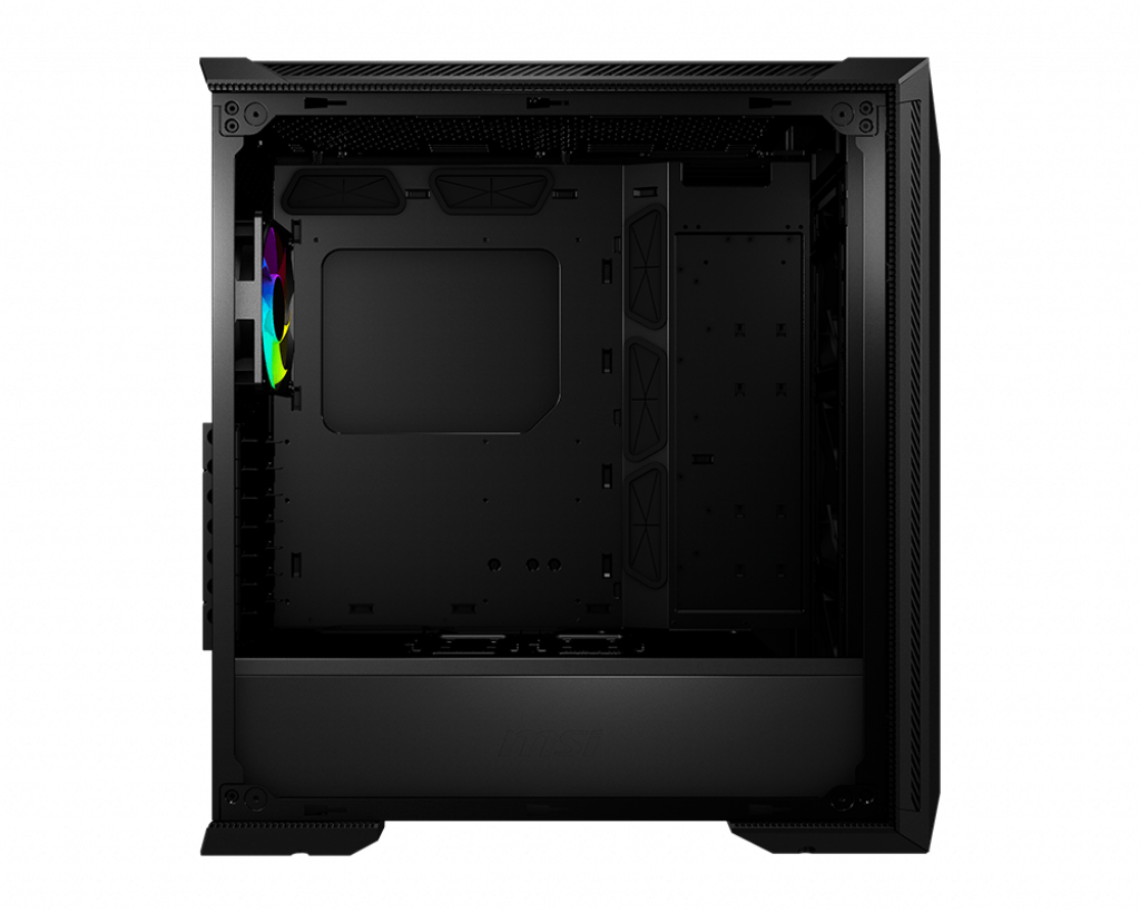 Wnętrze czarnej obudowy PC z pojedynczym wentylatorem RGB na tylnym panelu.