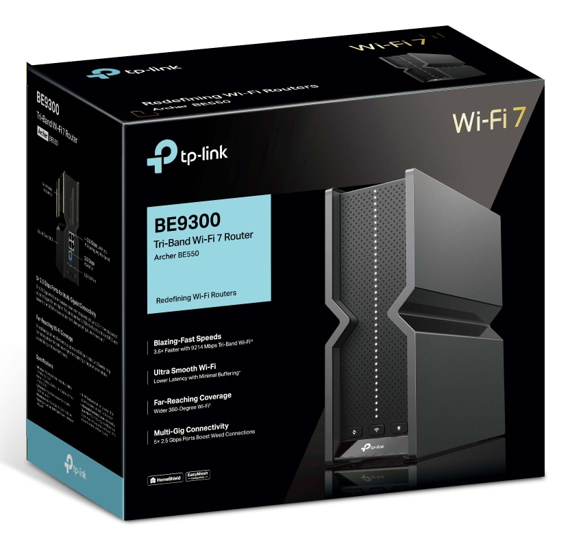 Embalaje de un router TP-Link BE9300 Tri-Band Wi-Fi 7 que muestra el dispositivo y características.