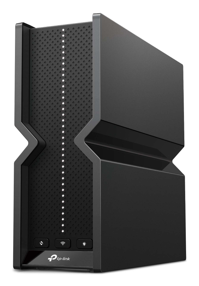 Un enrutador TP-Link negro con luces LED verticales en el panel frontal texturizado y tres botones en la parte inferior.