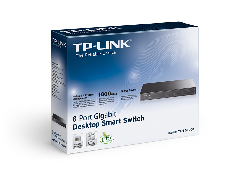 Verpackung eines blauen TP-Link 8-Port Gigabit Desktop Smart Switch.