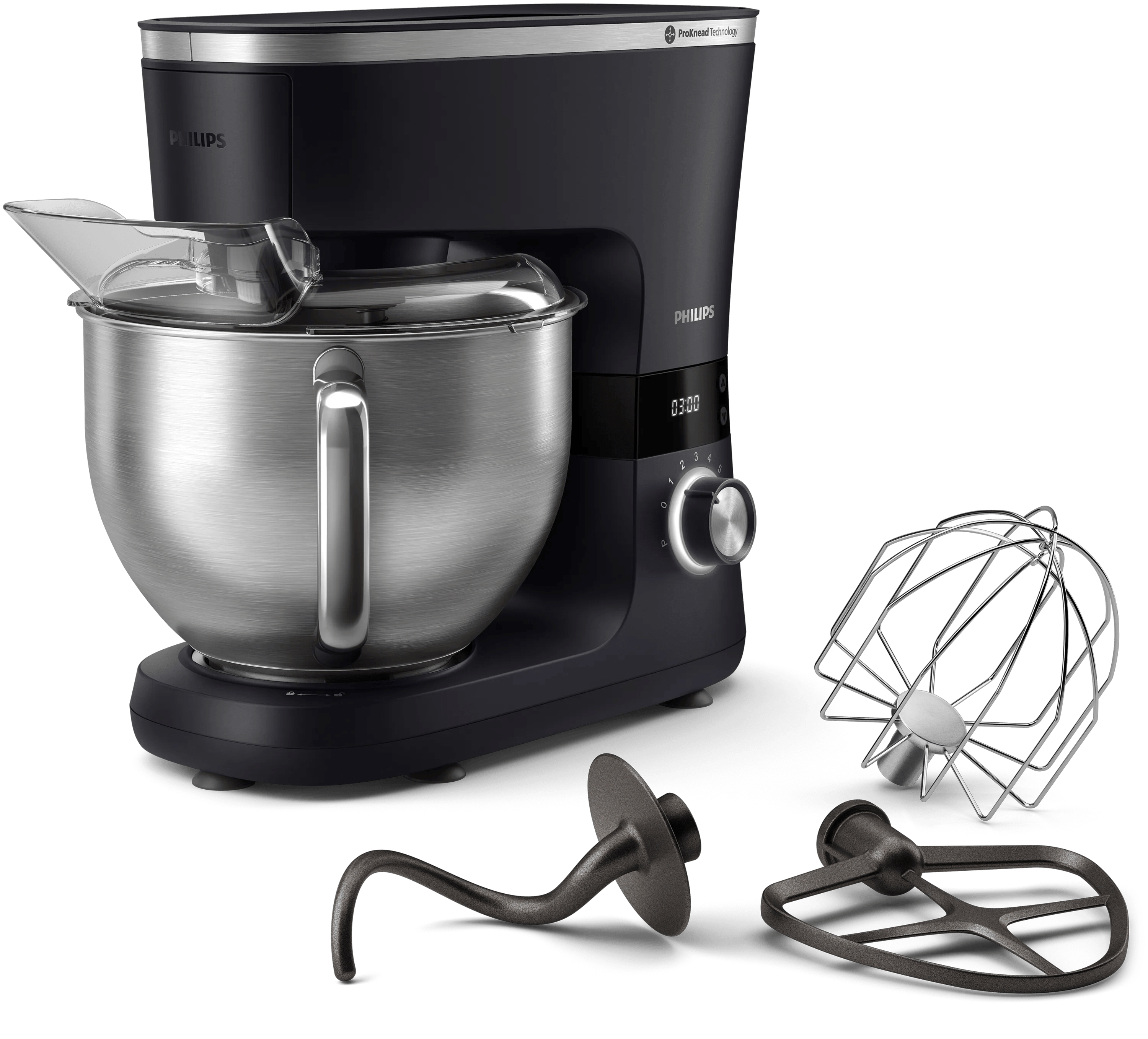 Schwarze Philips Küchenmaschine mit Edelstahlschüssel und Zubehöraufsätzen auf weißem Hintergrund.