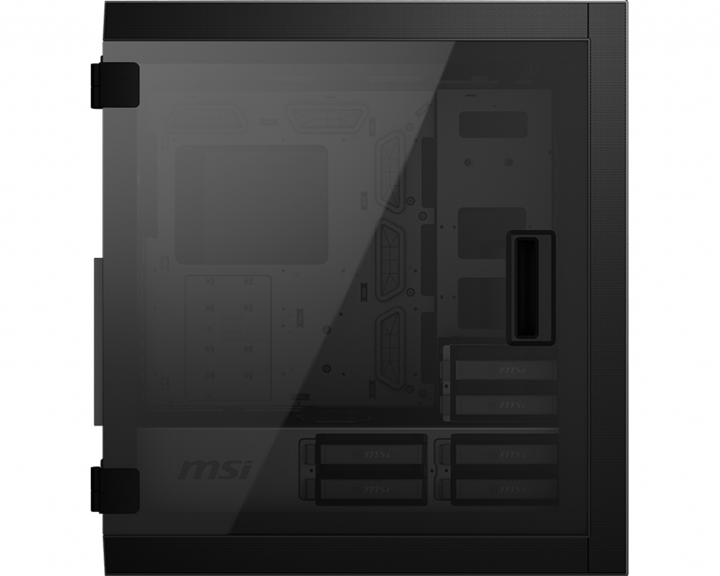 Black MSI PC tower case with a side glass door and visible interior.