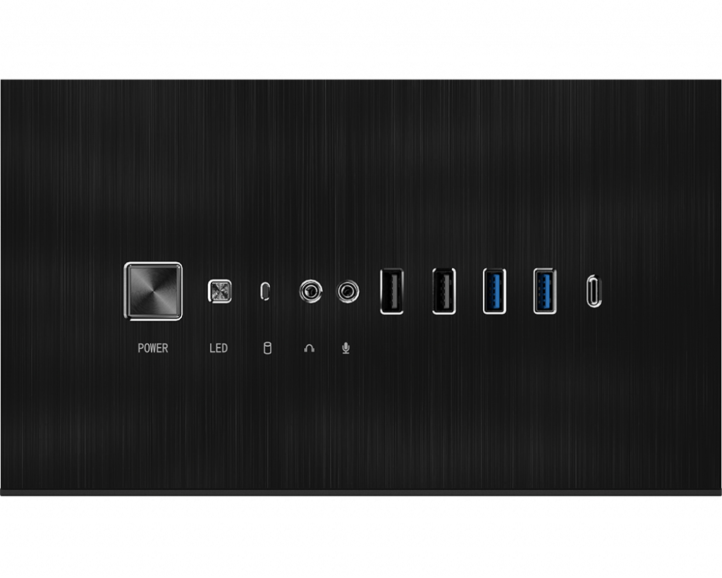 Front panel of a black brushed metal PC case with power button, LED, audio jacks, and USB ports.