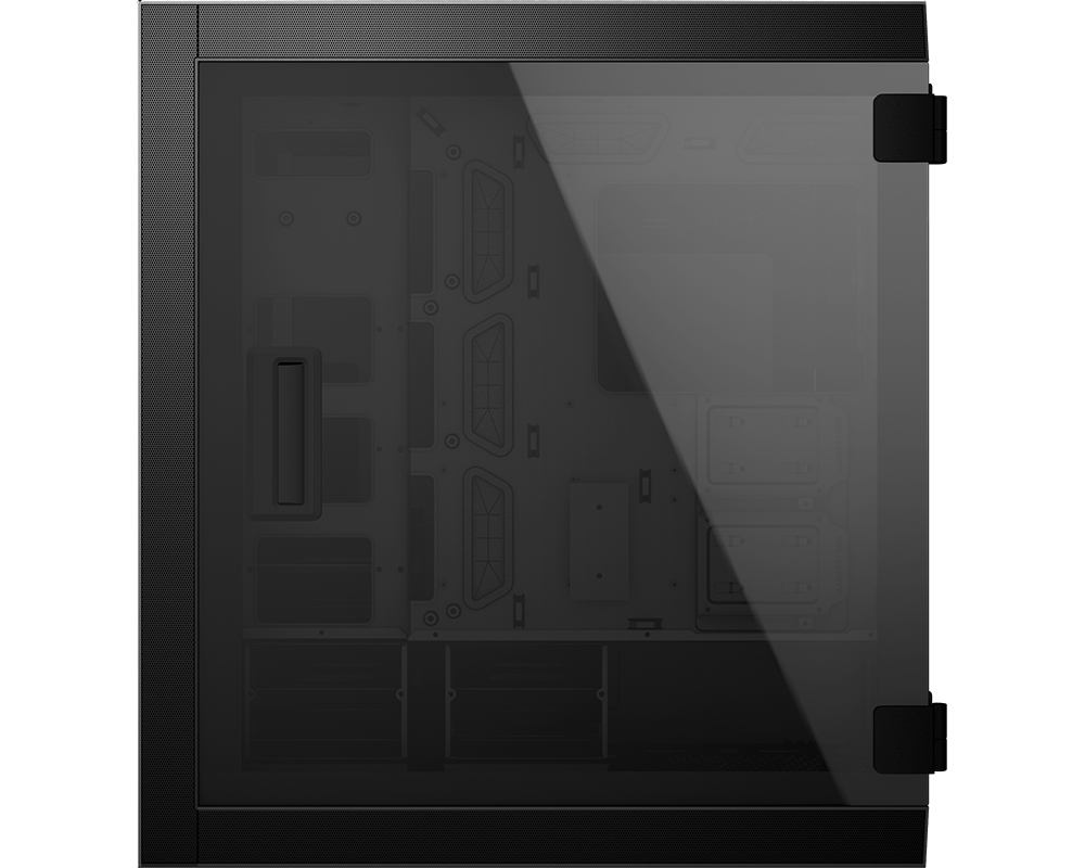 A black computer case with a clear side panel showing the interior.