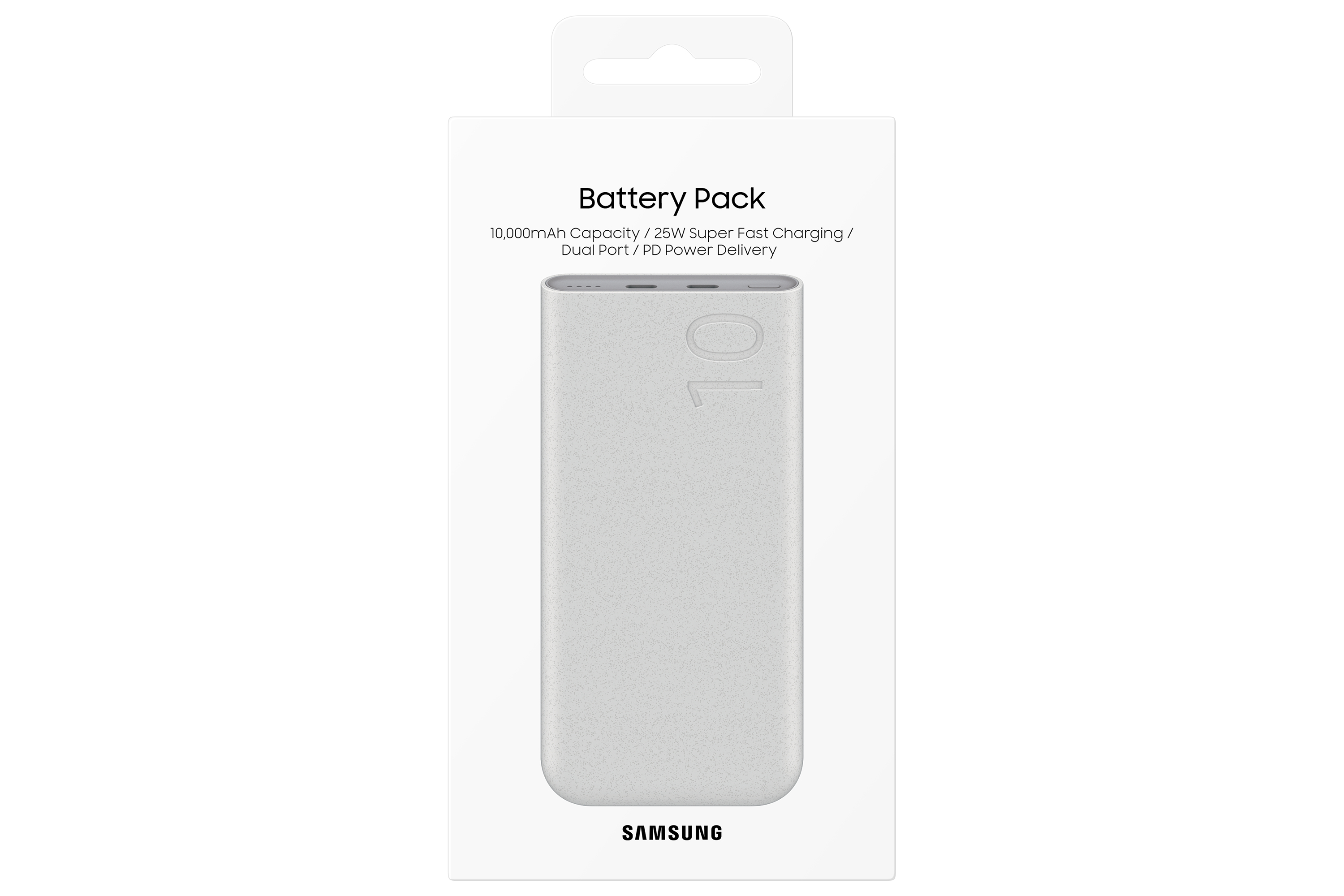 Confezione bianca della batteria Samsung con l'immagine di un power bank grigio.
