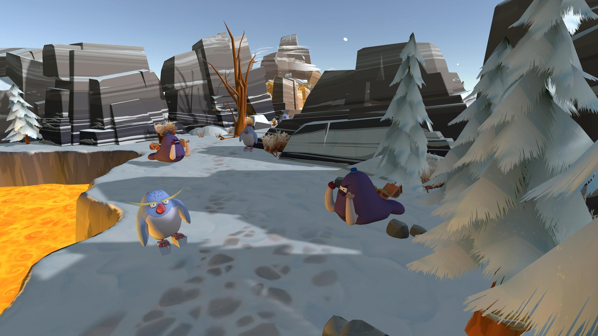 Eine verschneite Berglandschaft mit Cartoon-Seelöwen, einem fließenden Lavastrom und Felsen im Hintergrund.