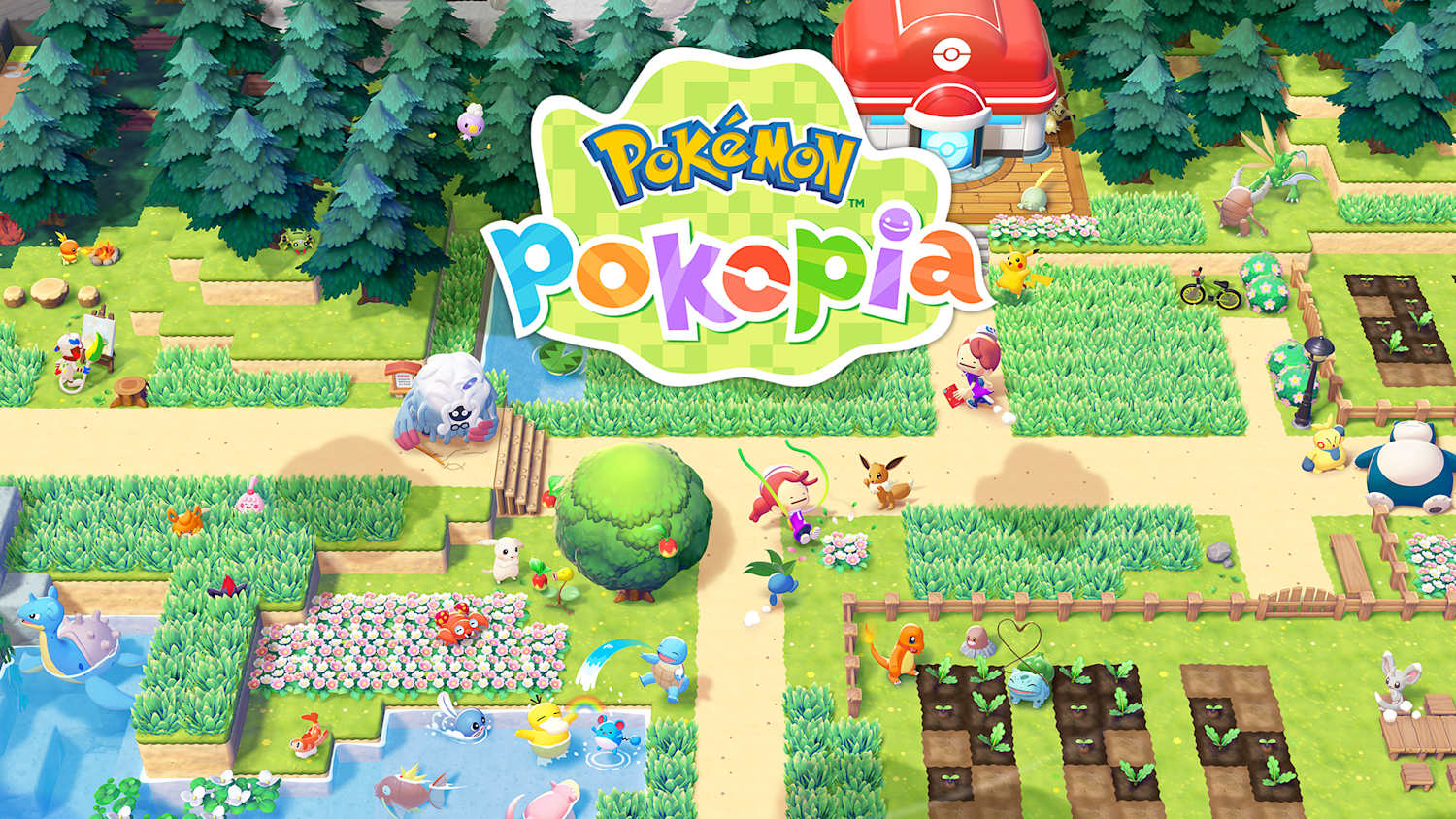 Vista superior de un vibrante mundo Pokémon con personajes, edificios, jardines y pequeños Pokémon en un paisaje colorido.