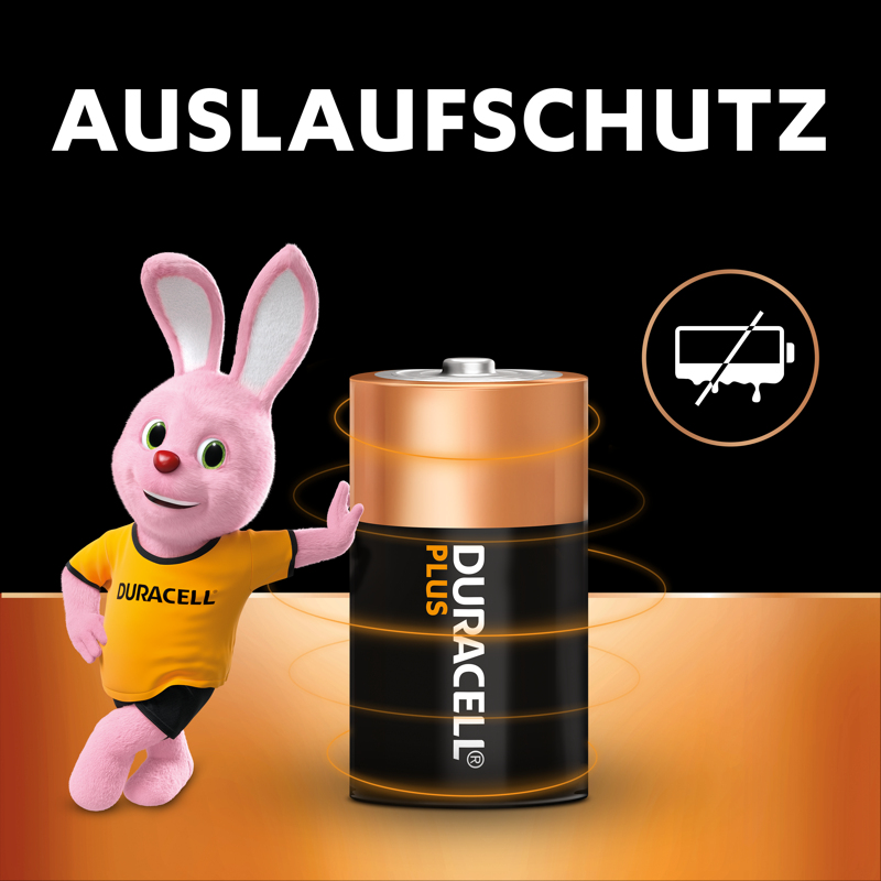 Duracell-Hasen-Maskottchen steht neben einer Duracell Plus Batterie vor schwarzem Hintergrund mit der Aufschrift AUSLAUFSCHUTZ.