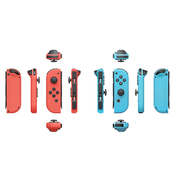 Controladores Joy-Con de Nintendo Switch en rojo y azul mostrados desde varios ángulos sobre fondo blanco.